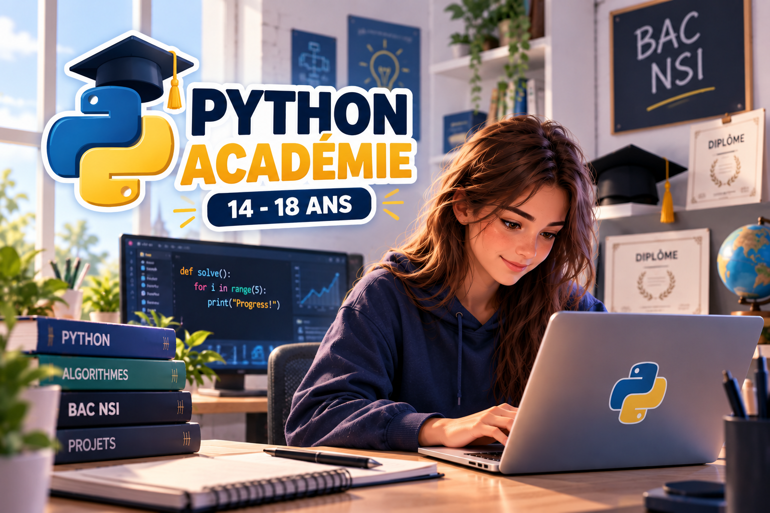 Une jeune fille étudiante travaillant sur un ordinateur portable avec des livres, des notes et un écran d'ordinateur affichant du code Python dans un environnement d'étude, avec des diplômes et des certificats en arrière-plan. Logo de Python et texte promotionnel pour un camp d'été de programmation Python pour les 14-18 ans.