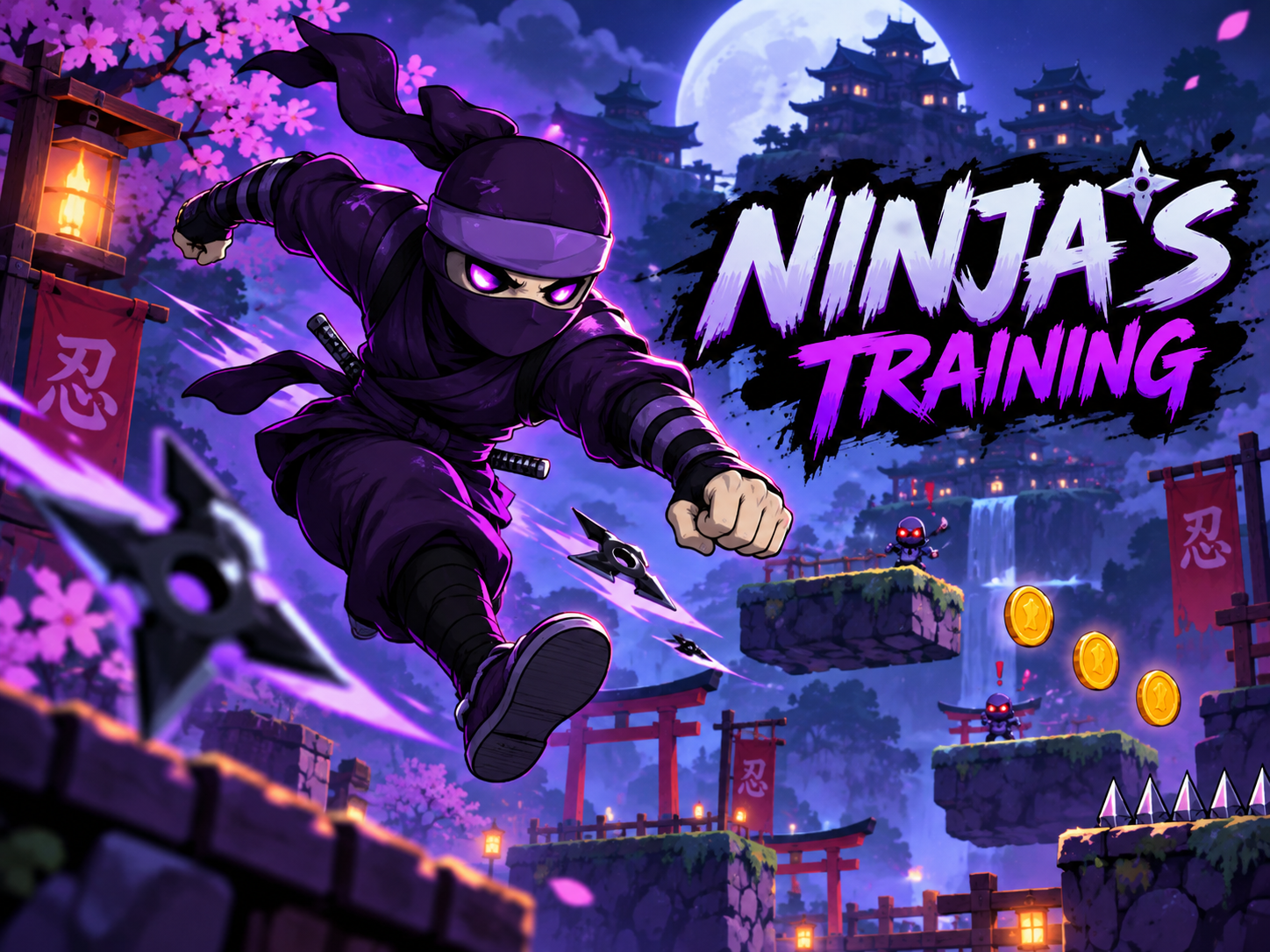 Un ninja noir sautant à travers un décor de montagne avec des pagodes, un ciel nocturne, et une pleine lune, dans une scène de jeu vidéo. Le texte "NINJA'S TRAINING" est en lettres violettes et blanches.