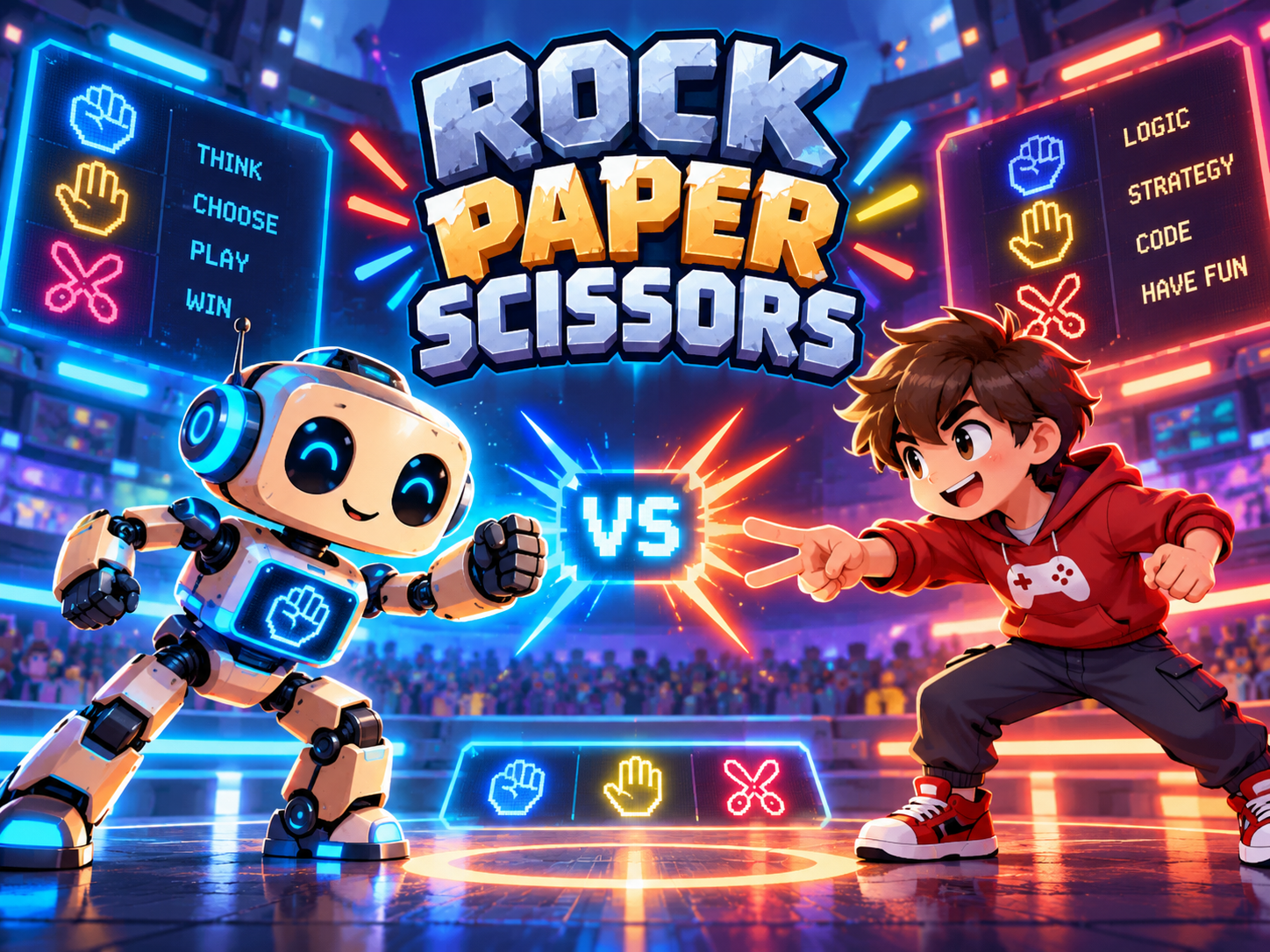 Une illustration colorée d'un jeu de football entre un robot et un garçon. Le robot a un visage souriant et un écran sur la poitrine avec un poing levé. Le garçon porte une veste rouge, des baskets et pointe vers le robot. Le titre du jeu "Rock Paper Scissors" est affiché en haut avec un décor technologique, mettant en scène des éléments de jeu comme des poignées, stratégies, et codes.