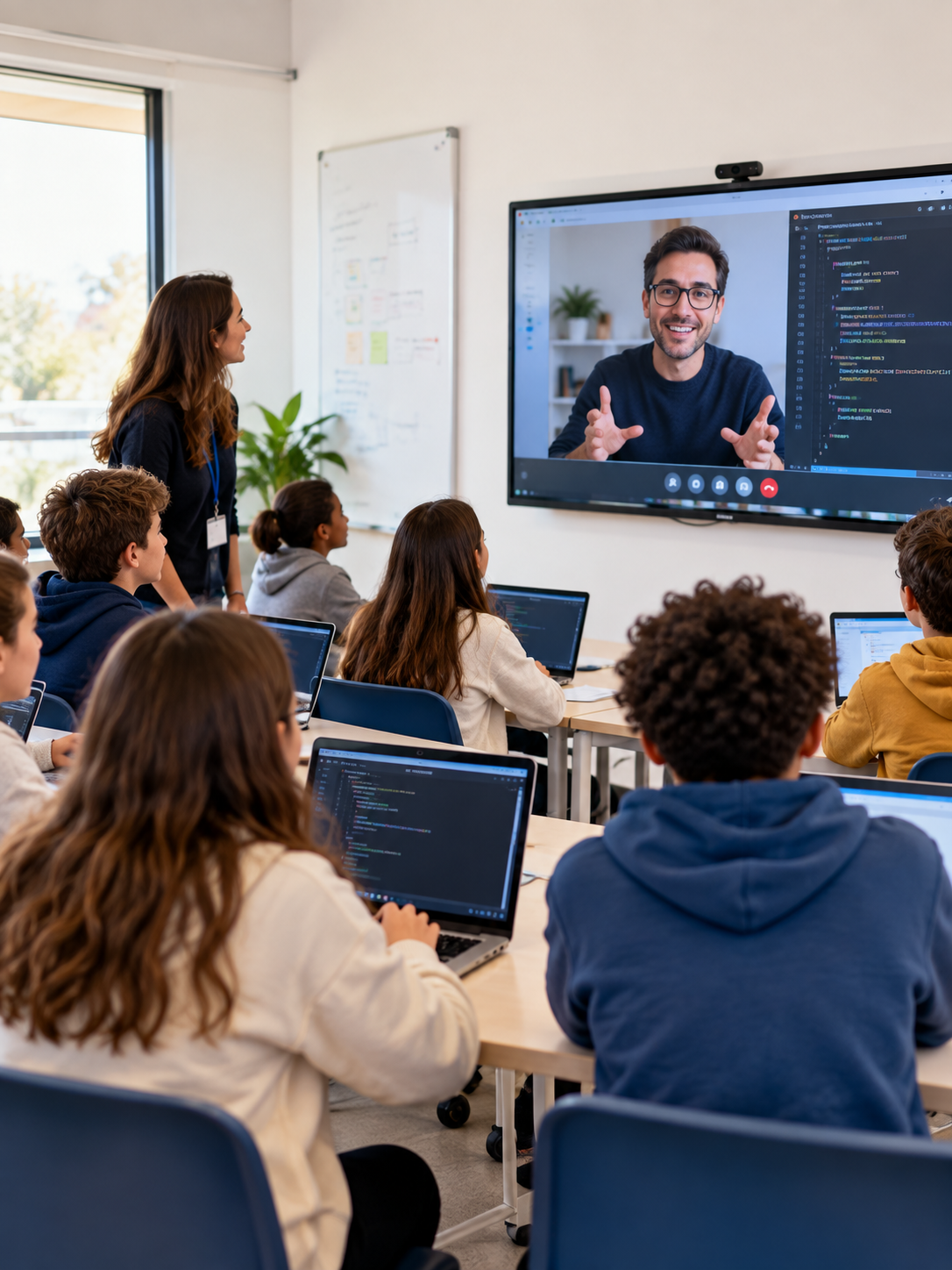 Une classe pleine d'étudiants regardant un enseignant sur un écran géant qui montre une vidéo d'un homme parlant de programmation informatique.