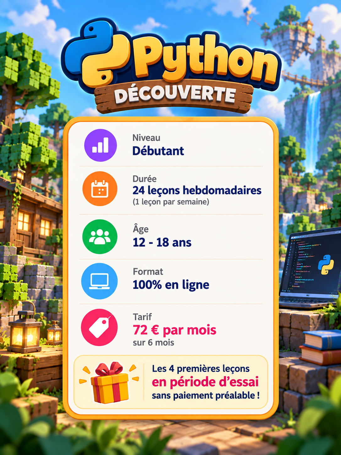 Affiche promotionnelle pour un programme d'apprentissage Python découverte pour débutants, comprenant 24 leçons hebdomadaires, destiné aux jeunes de 12 à 18 ans, en ligne, à 72 € par mois sur 6 mois, avec 4 premières leçons en période d'essai gratuite.