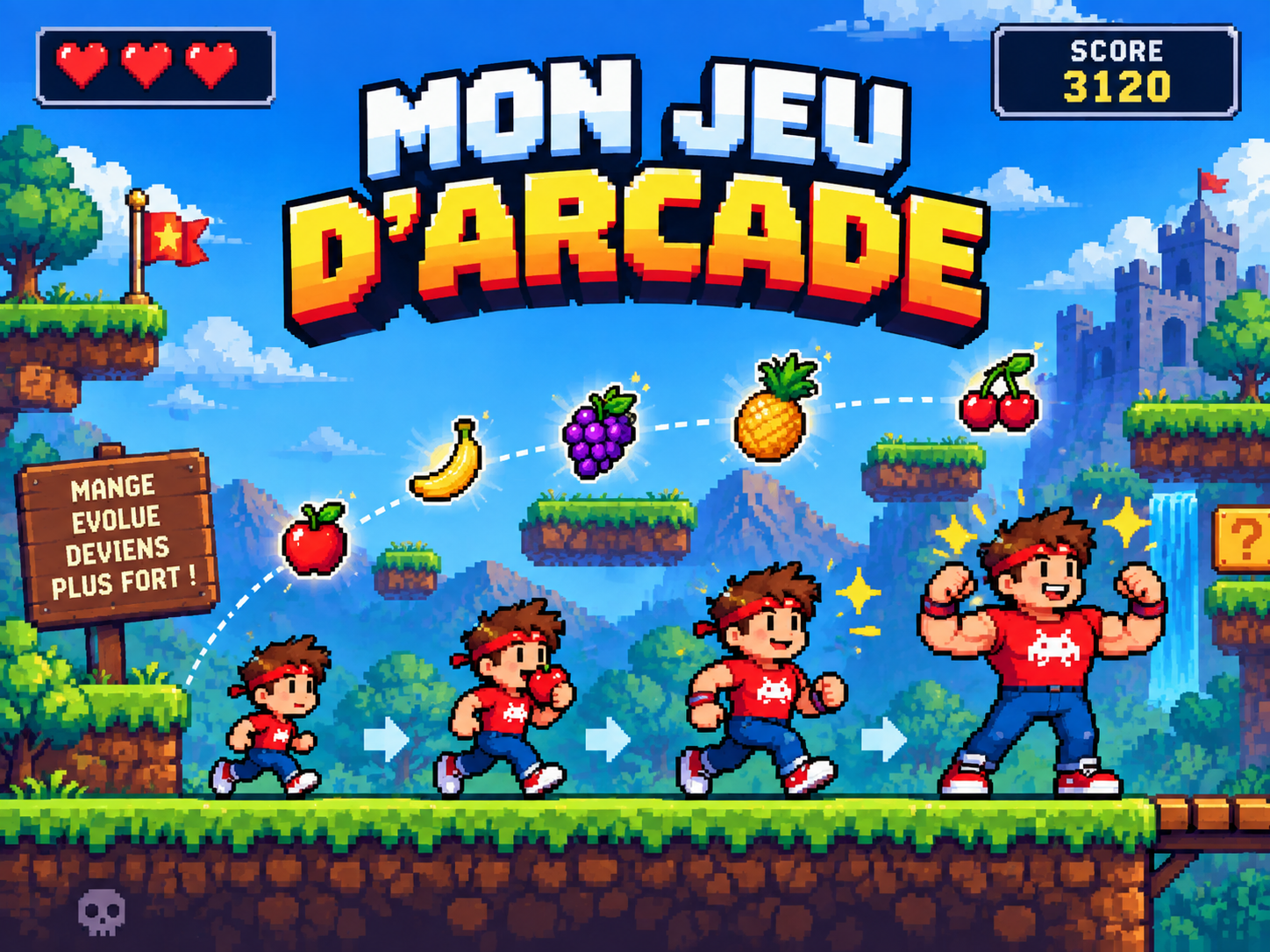 Capture d'écran du jeu vidéo Mon Jeu d'Arcade avec un personnage pixelisé qui ramasse des fruits comme une banane, des raisins, un ananas et des cerises, dans un décor pixel art coloré représentant des montagnes, des arbres, une fontaine et un château en arrière-plan.