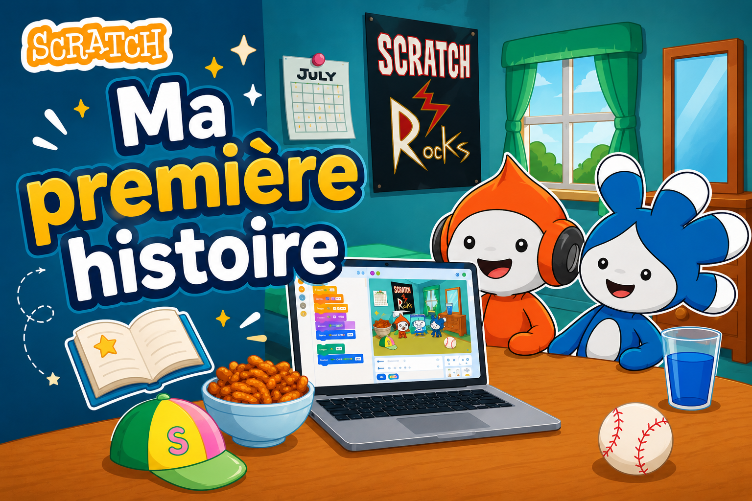 Illustration colorée d'une scène avec deux personnages de dessins animés, un ordinateur portable affichant une scène, un bol de snacks, une casquette, un baseball, un verre d'eau, une fenêtre avec des rideaux verts, et des posters sur le mur, dont un qui dit "Scratch Rocks". Texte en français : "Ma première histoire".