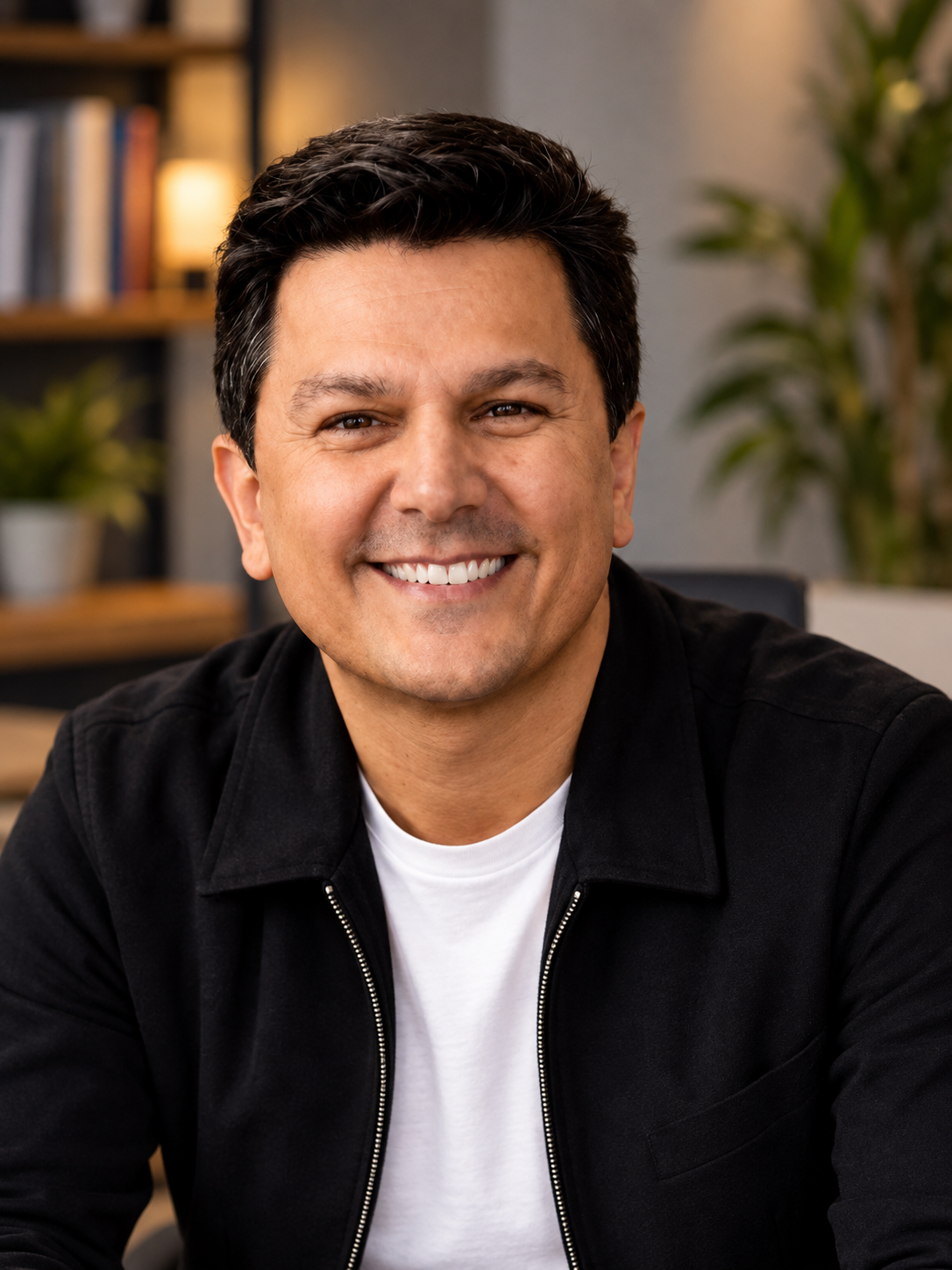 Un homme souriant avec des cheveux noirs, portant une veste noire et un t-shirt blanc, dans un bureau avec des étagères et des plantes en arrière-plan.