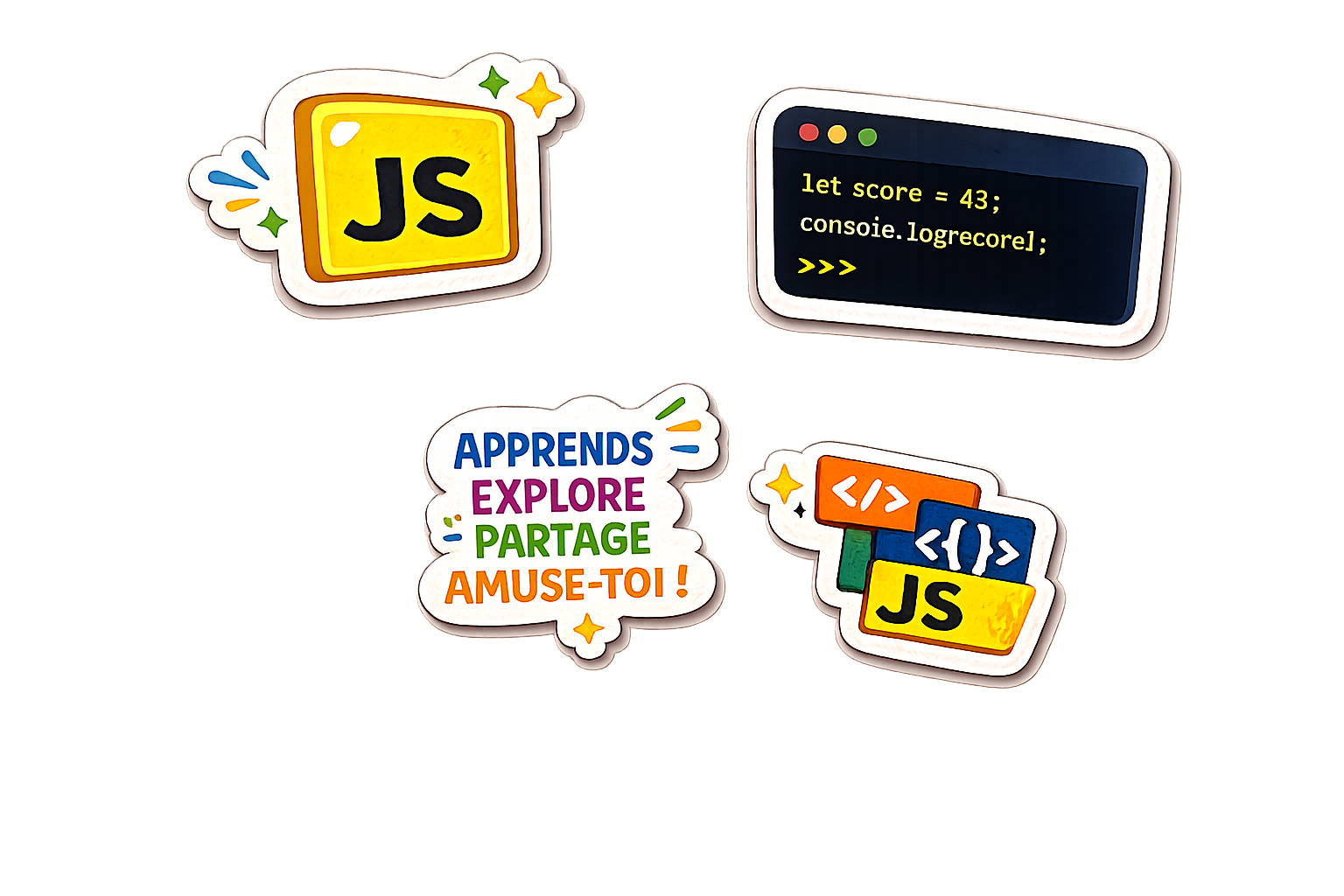 Illustration colorée avec des stickers éducatifs sur la programmation en JavaScript, comprenant un logo JS, une fenêtre de code, des phrases encourageantes pour apprendre, explorer, partager et s'amuser avec la programmation.