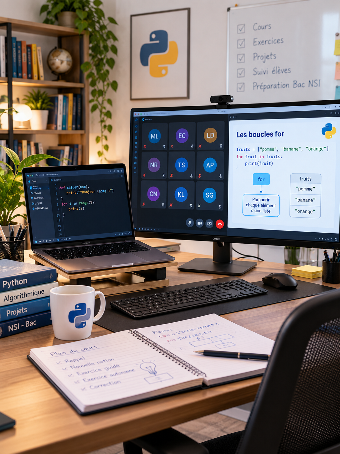 Bureau d'études avec deux écrans, un ordinateur portable, une tasse avec le logo de Python, des livres sur la programmation, des notes, et un tableau blanc avec une liste de tâches.