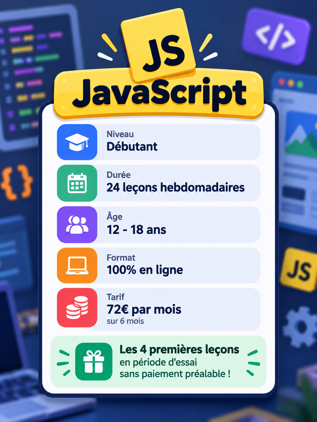 Infographie sur une formation en JavaScript, avec niveau débutant, durée de 24 leçons hebdomadaires, âge 12-18 ans, format en ligne, coût de 72 euros par mois sur 6 mois, promotion pour les 4 premières leçons gratuites en période d'essai sans paiement préalable.