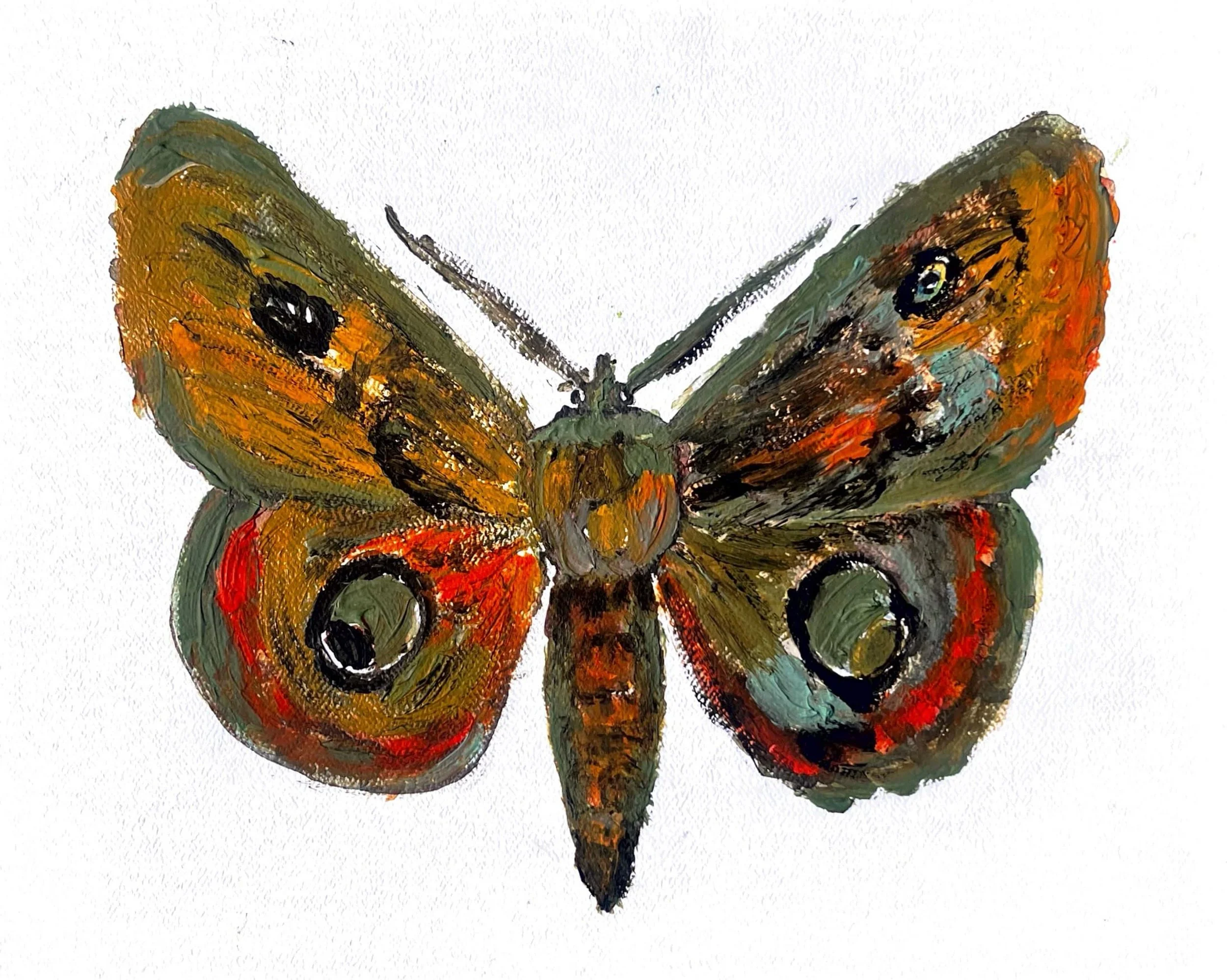 A colorful painting of a butterfly with orange, green, and black wings on a white background.