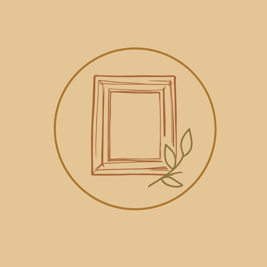 A hand-drawn empty picture frame surrounded by a circle and a small sprig of leaves, on a beige background.