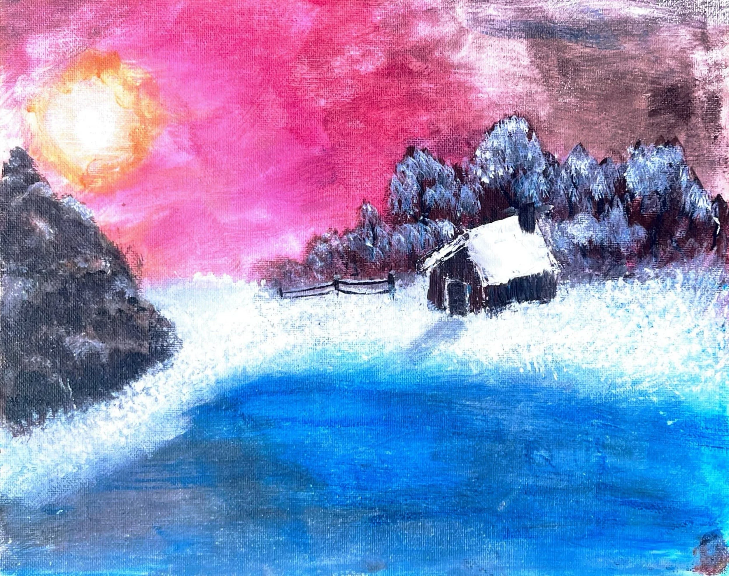 A painting depicting a snowy mountain landscape with a bright, glowing sun in a pink and purple sky, a small house with a chimney, and trees covered in snow.