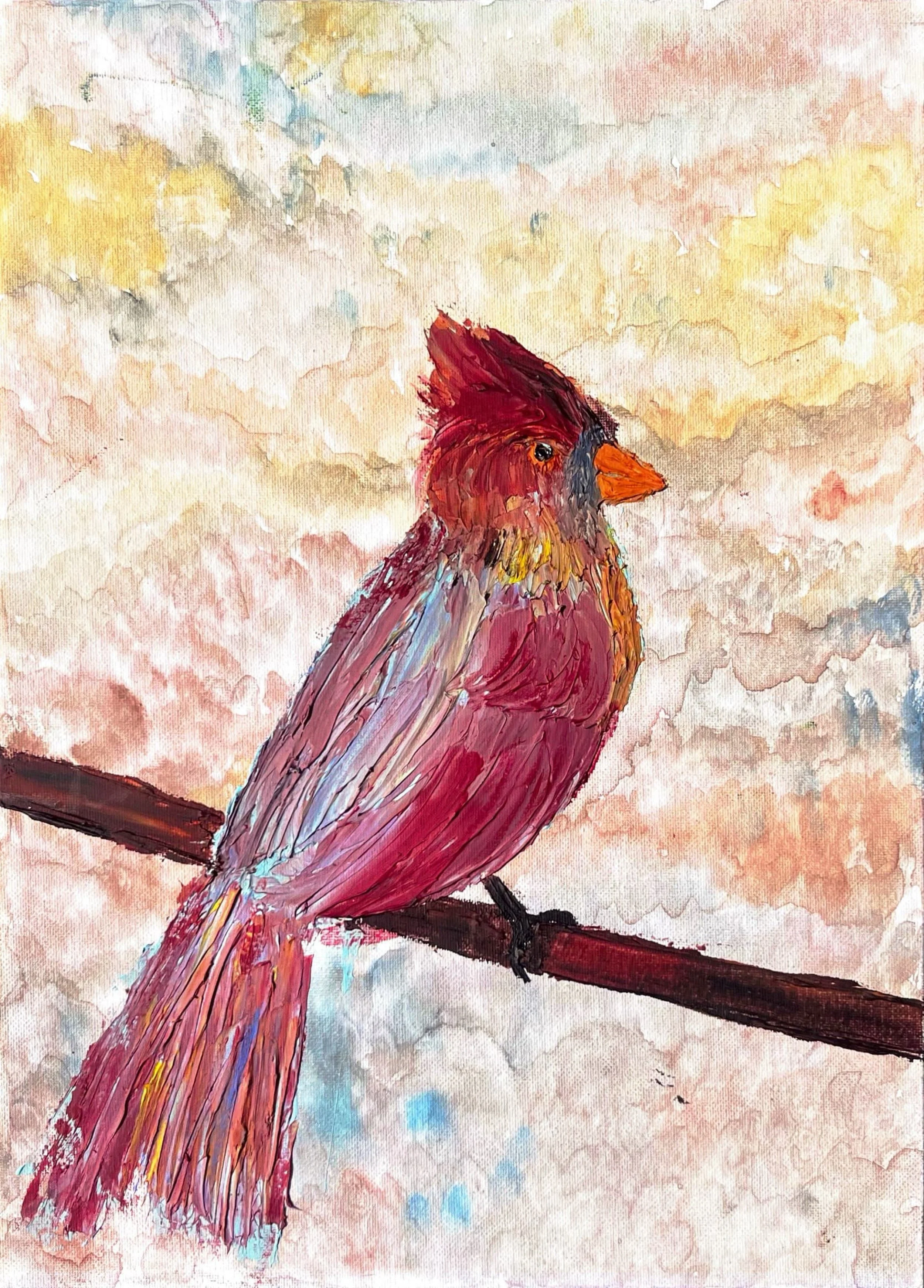 Watercolor painting of a cardinal bird perched on a branch, with a colorful abstract background.