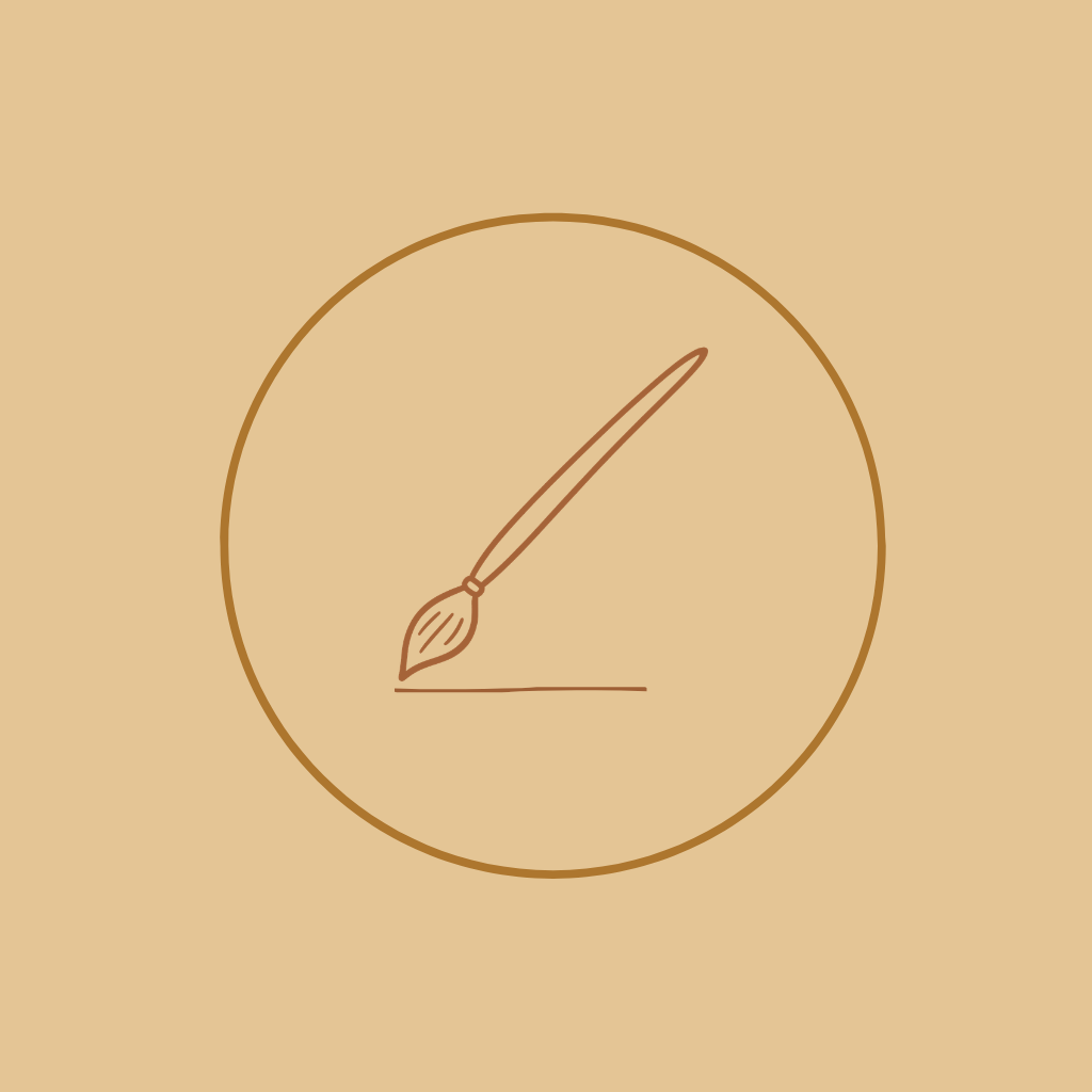 A simple illustration of a paintbrush inside a circle on a beige background.