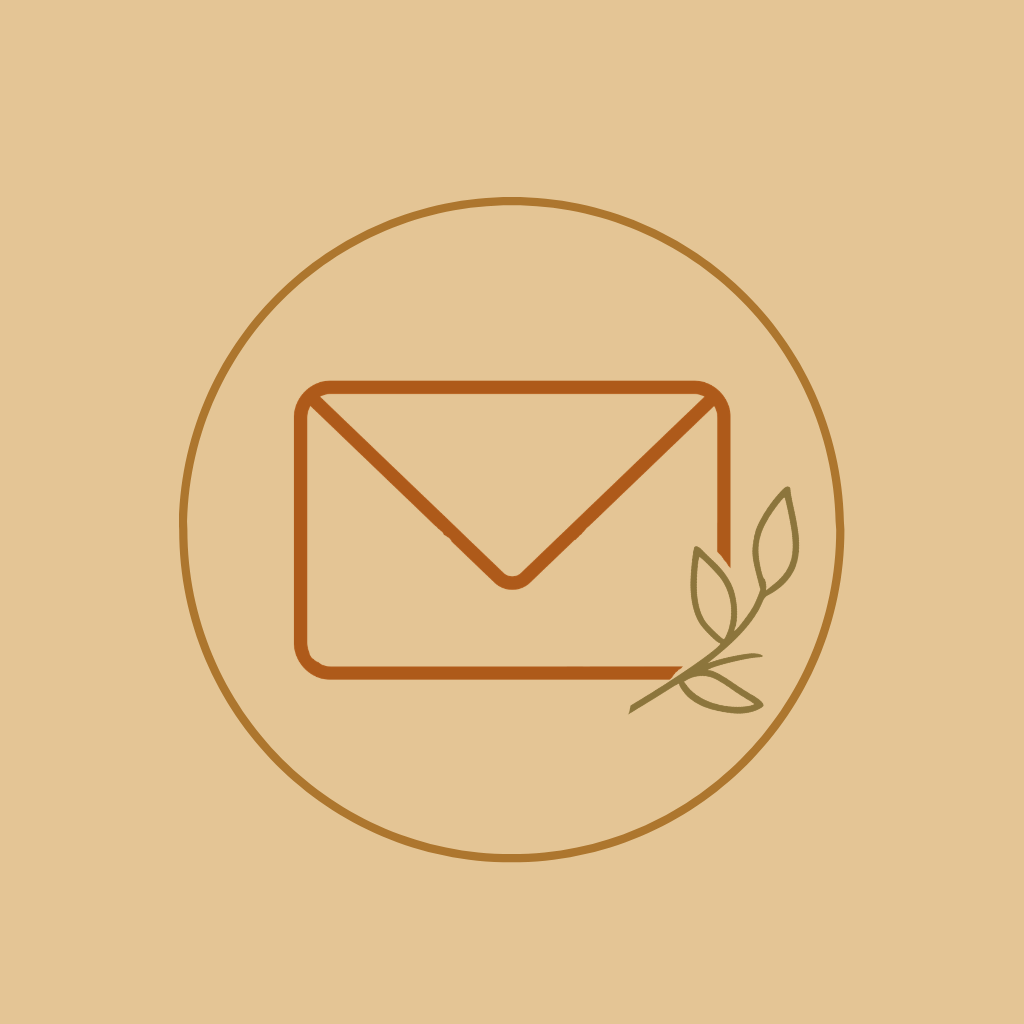 Minimalist icon of an envelope with a small branch with leaves in earthy tones on a beige background.