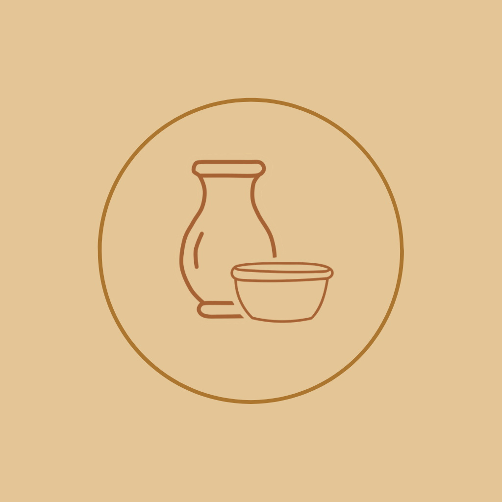 Simple line drawing of a vase and a bowl inside a circle on a beige background.