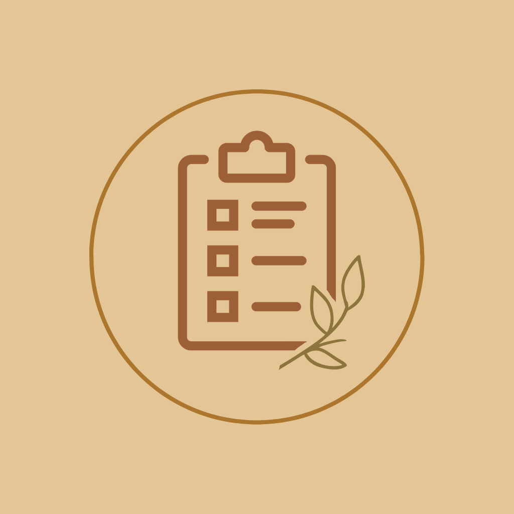 Icon of a checklist on a clipboard with a leaf, beige background.