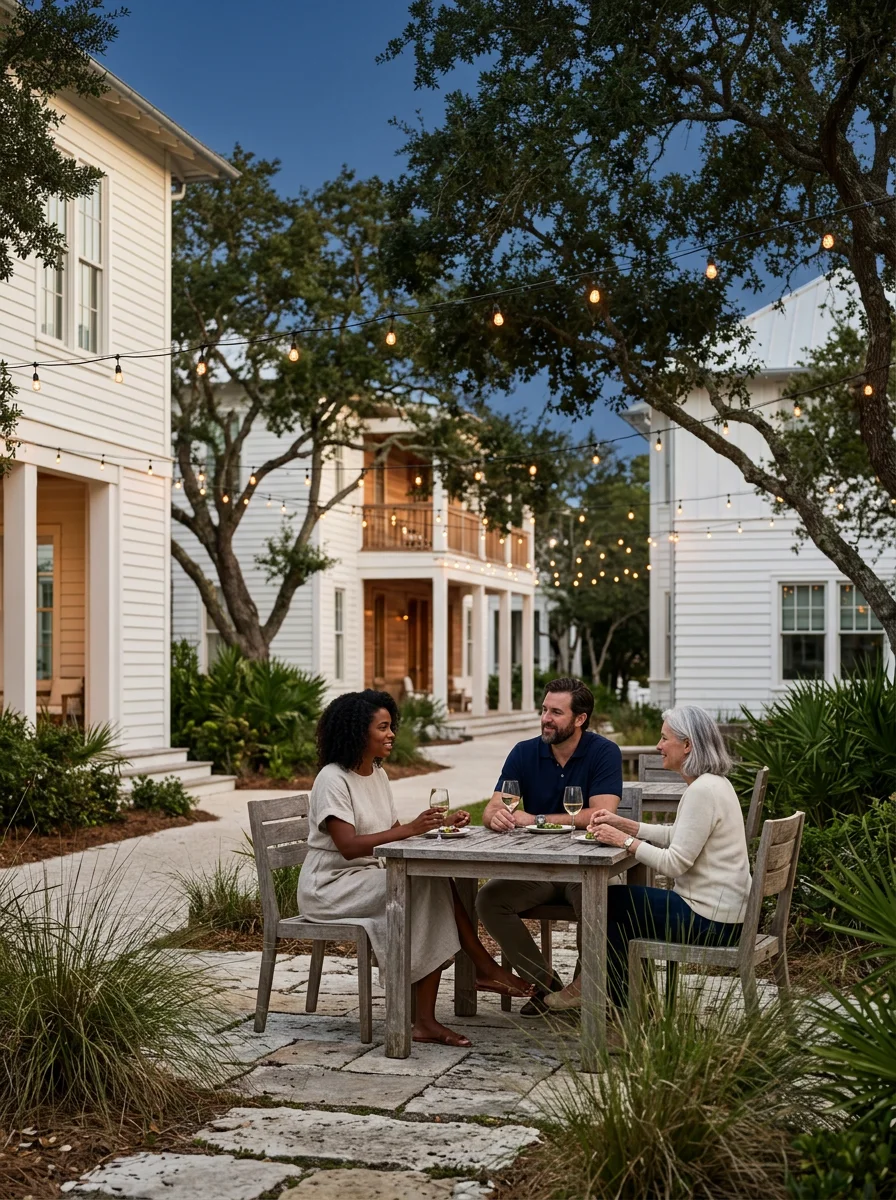 Three adults dining outdoors with wine beneath string lights in a landscaped courtyard between white coastal-style homes.