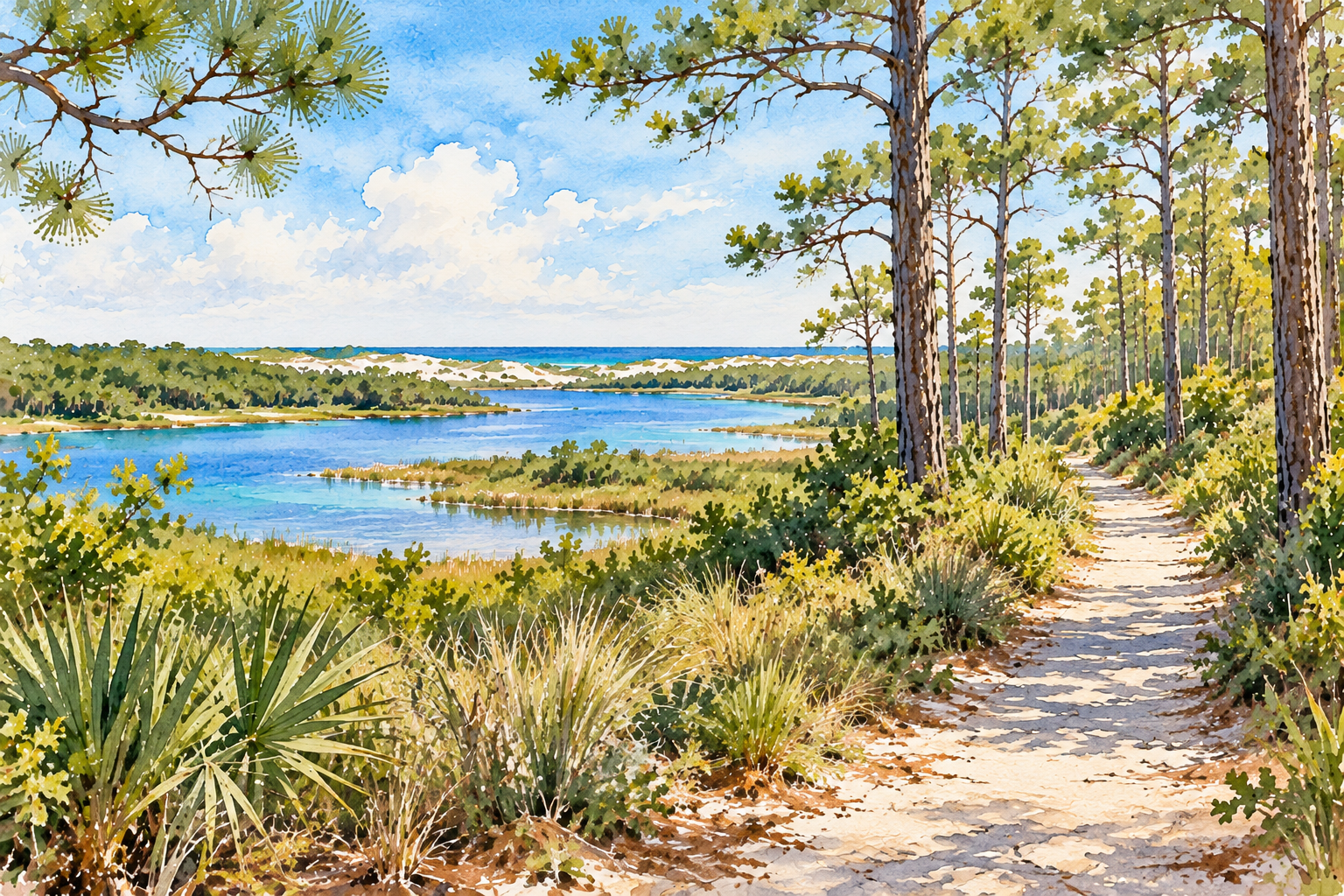 Watercolor coastal landscape with a sandy pine forest trail, blue lagoon, dunes, and ocean