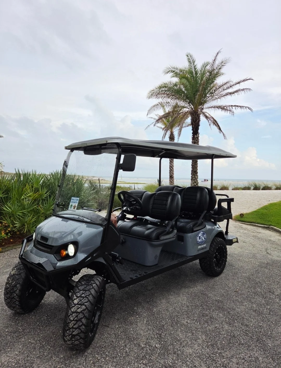 Black six-seat golf cart parked near a sandy beach with palm trees.