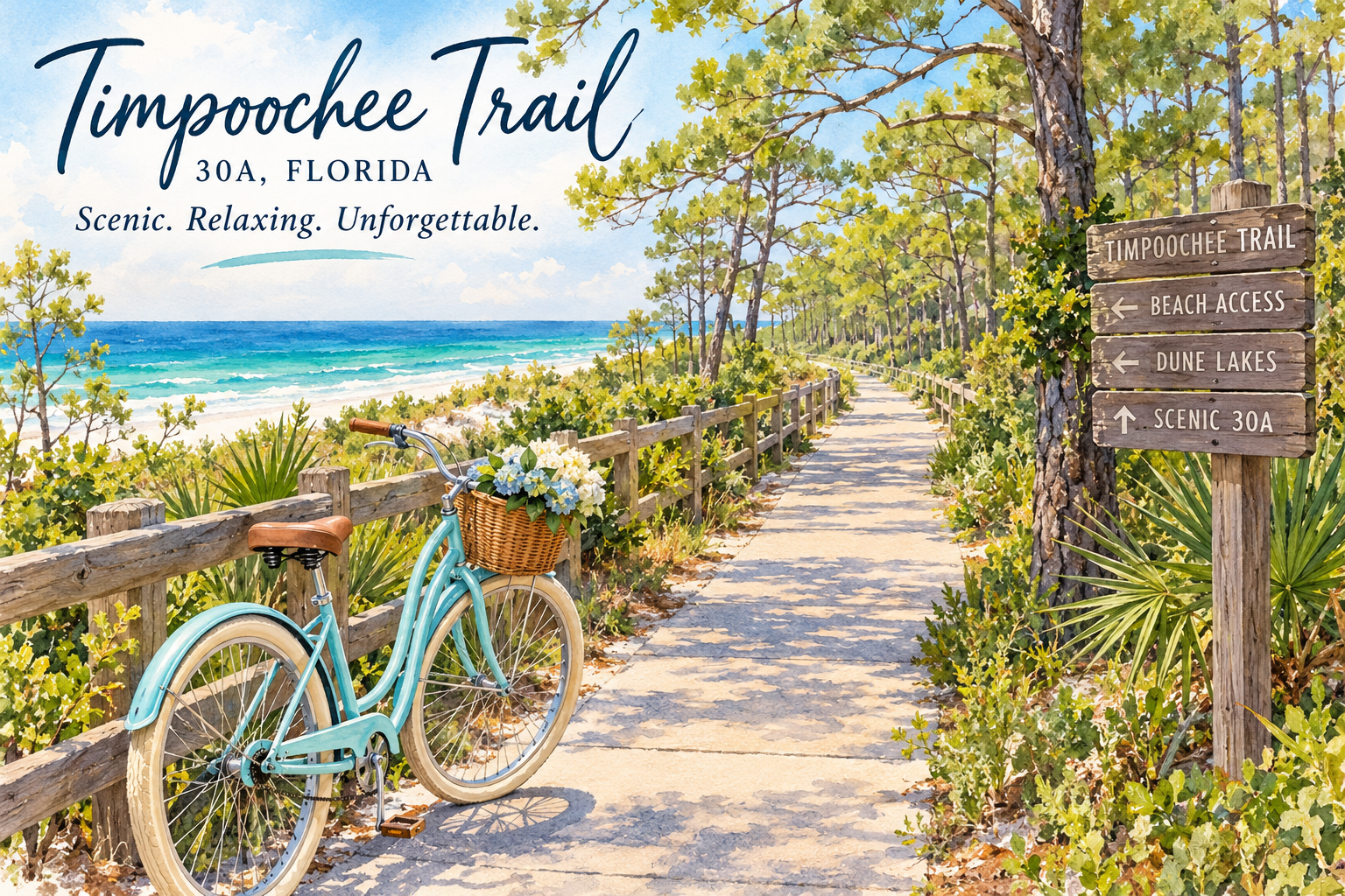 Illustrated Timpoochee Trail on Florida’s Scenic 30A, with a beachside bike path, turquoise bicycle with flower basket, coastal dunes, pine trees, and directional signs.