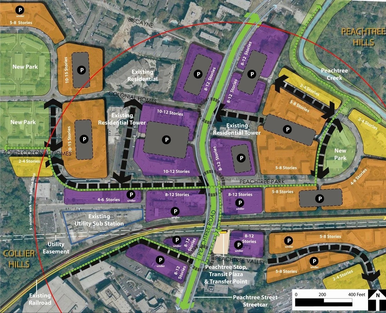 BeltLine Legacy framework master plan illustrating residential neighborhoods, mixed-use development, community facilities, open spaces, pedestrian connections, transit.