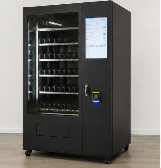 A black vending machine with a glass front displaying multiple empty slots for snacks or drinks, and a digital touchscreen payment system on the side, located in a room with white walls and wooden flooring.