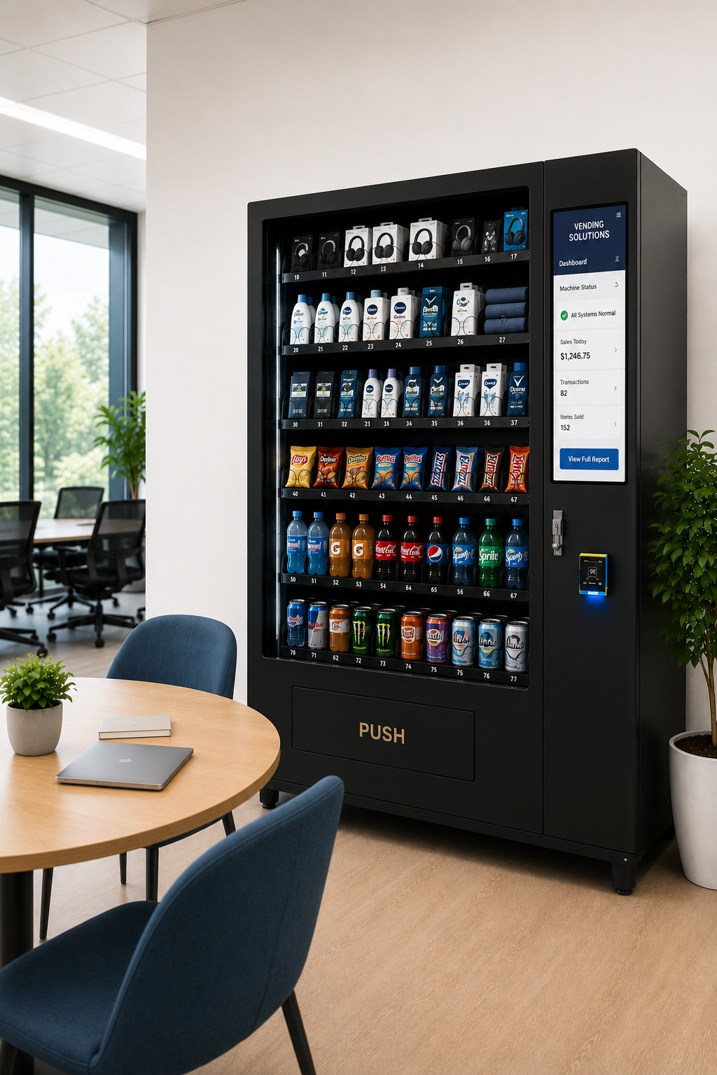 Modern vending machine in an office with a glass window, a round table with a laptop and a plant, and office chairs.