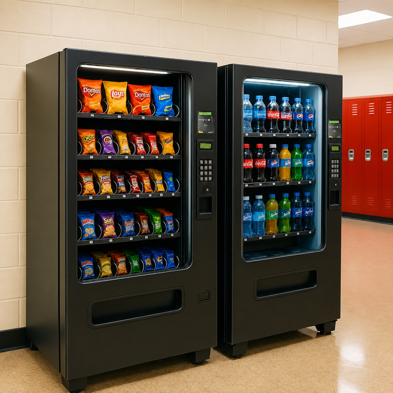 Vending machines with snacks and beverages in a school hallway.