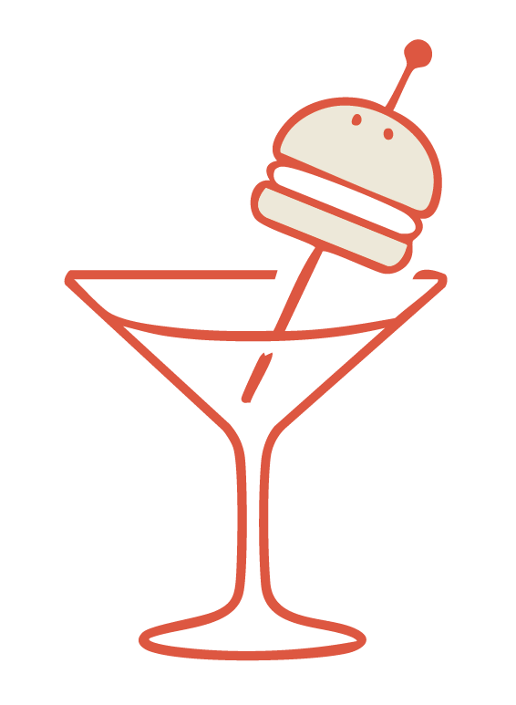 Icon of a martini glass with a skewer holding a small burger and a cherry