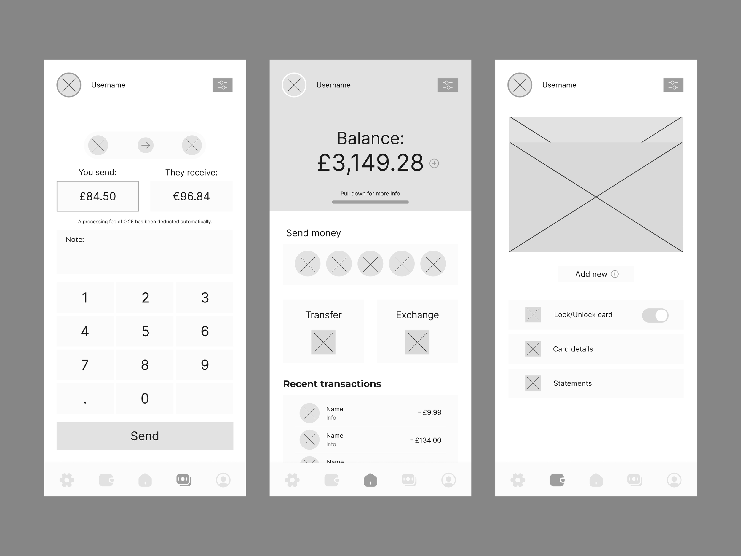Wire-framing (2): Building out my sections in more detail before committing to a full design. Through this process I found extra space for transactions and the keypad. Nice!