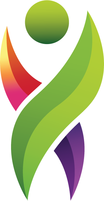 Abstract colorful geometric design with curved shapes and gradients in green, purple, orange, pink, and yellow.