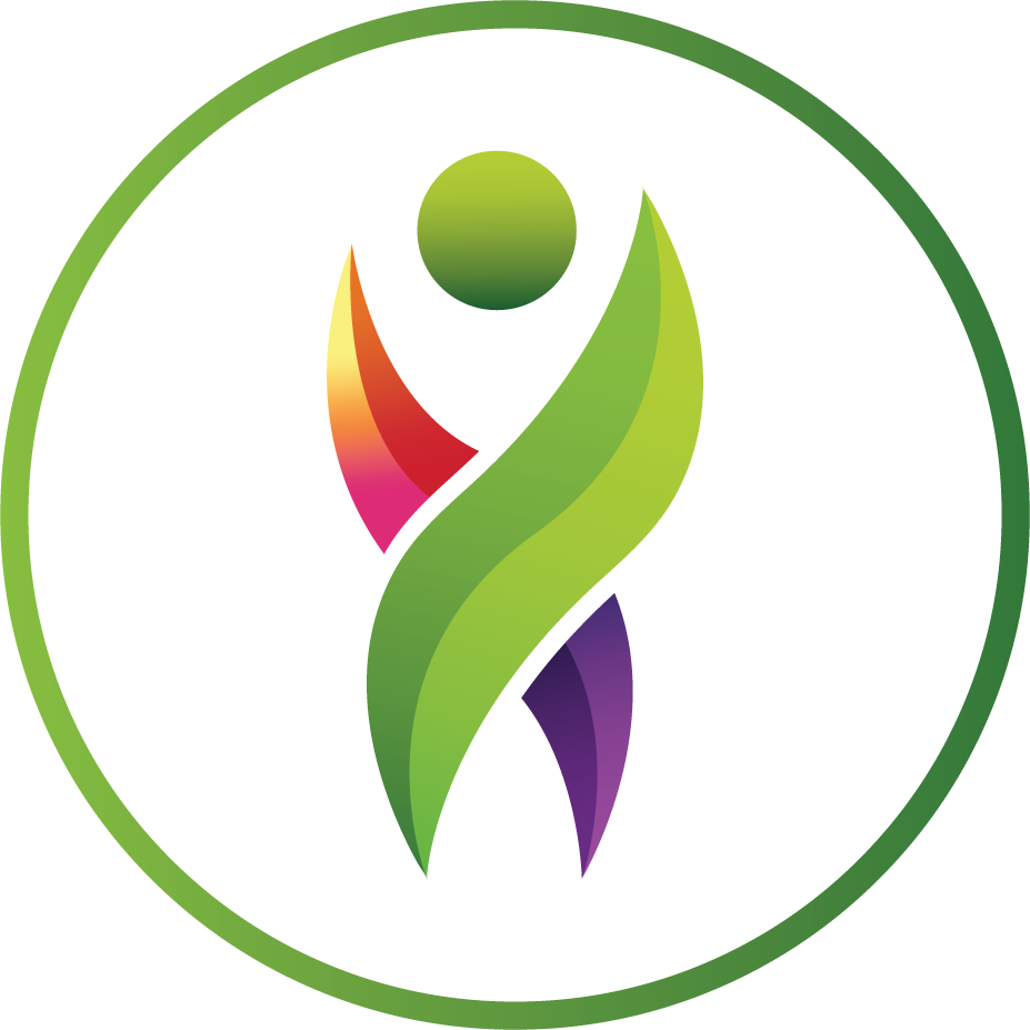 A colorful, abstract logo with a green, purple, orange, pink, and white design. It resembles a stylized human figure with a circular head and a flowing, leaf-like body.