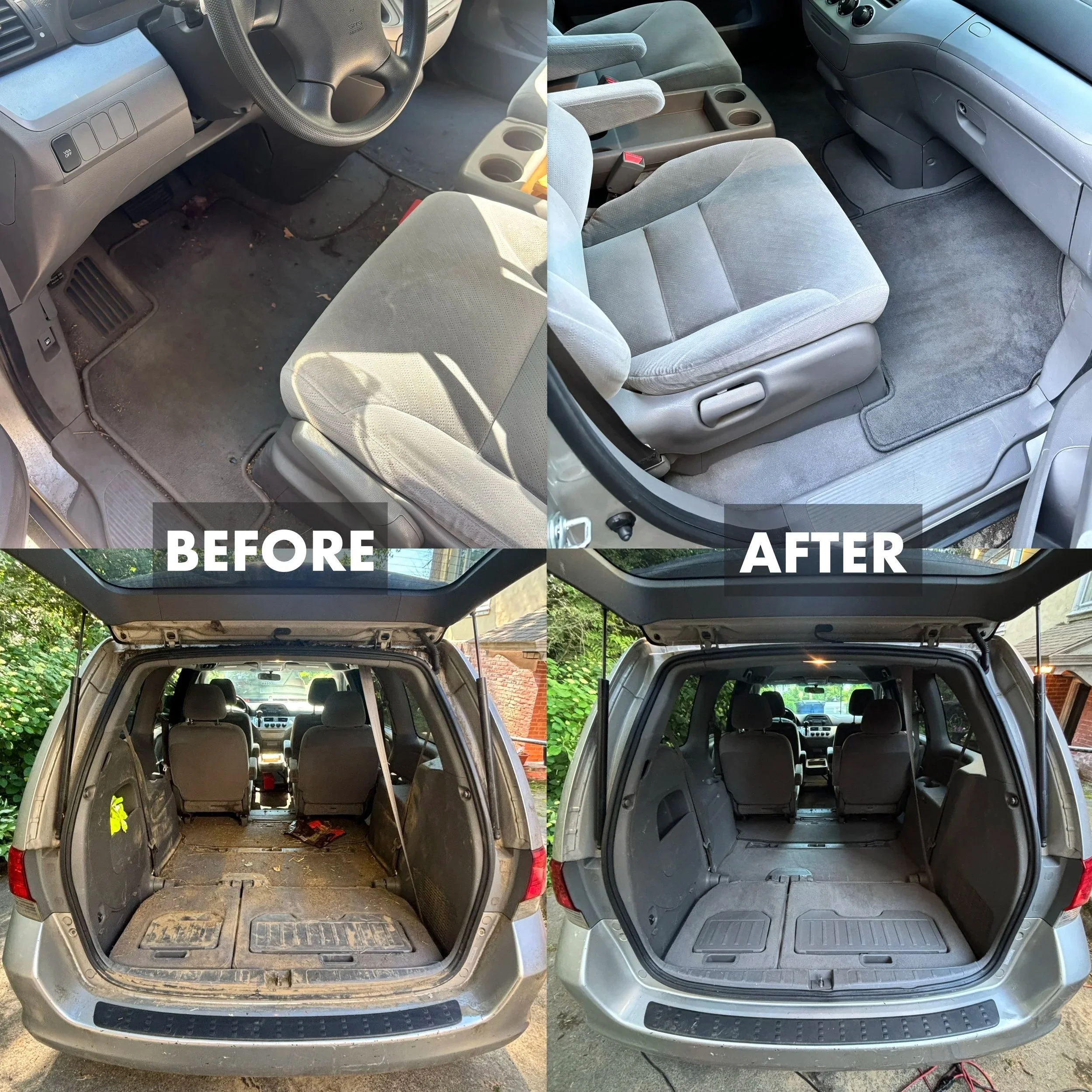 The image shows a before and after comparison of the interior of a vehicle's cargo area and rear seats. The 'before' side displays a dirty and cluttered cargo space with debris, while the 'after' side shows a clean and empty cargo space with the seat