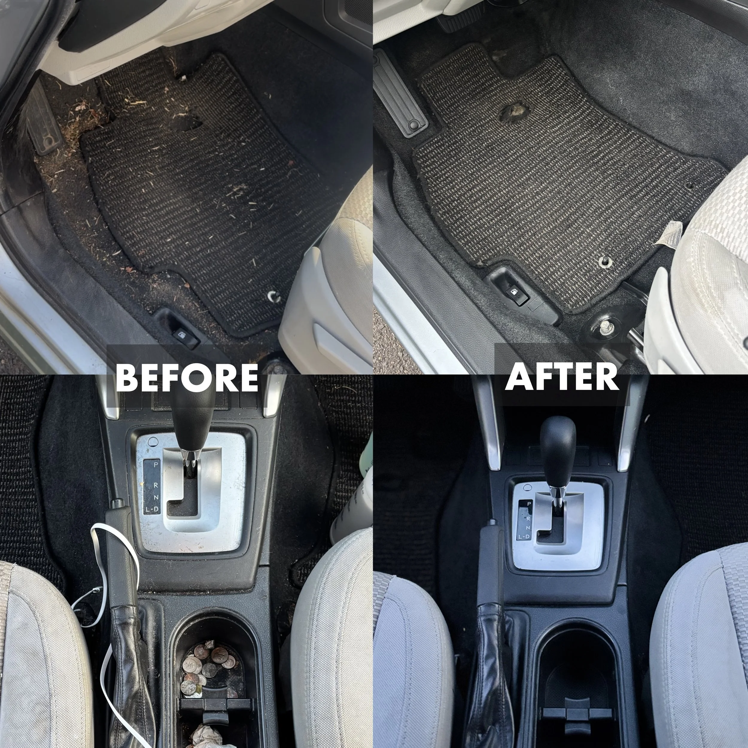 Comparison of car footwells before and after cleaning. The 'before' side shows a dirty, trash-filled floor mat with dirt, debris, and coins, while the 'after' side shows a clean, vacuumed floor mat with no debris.