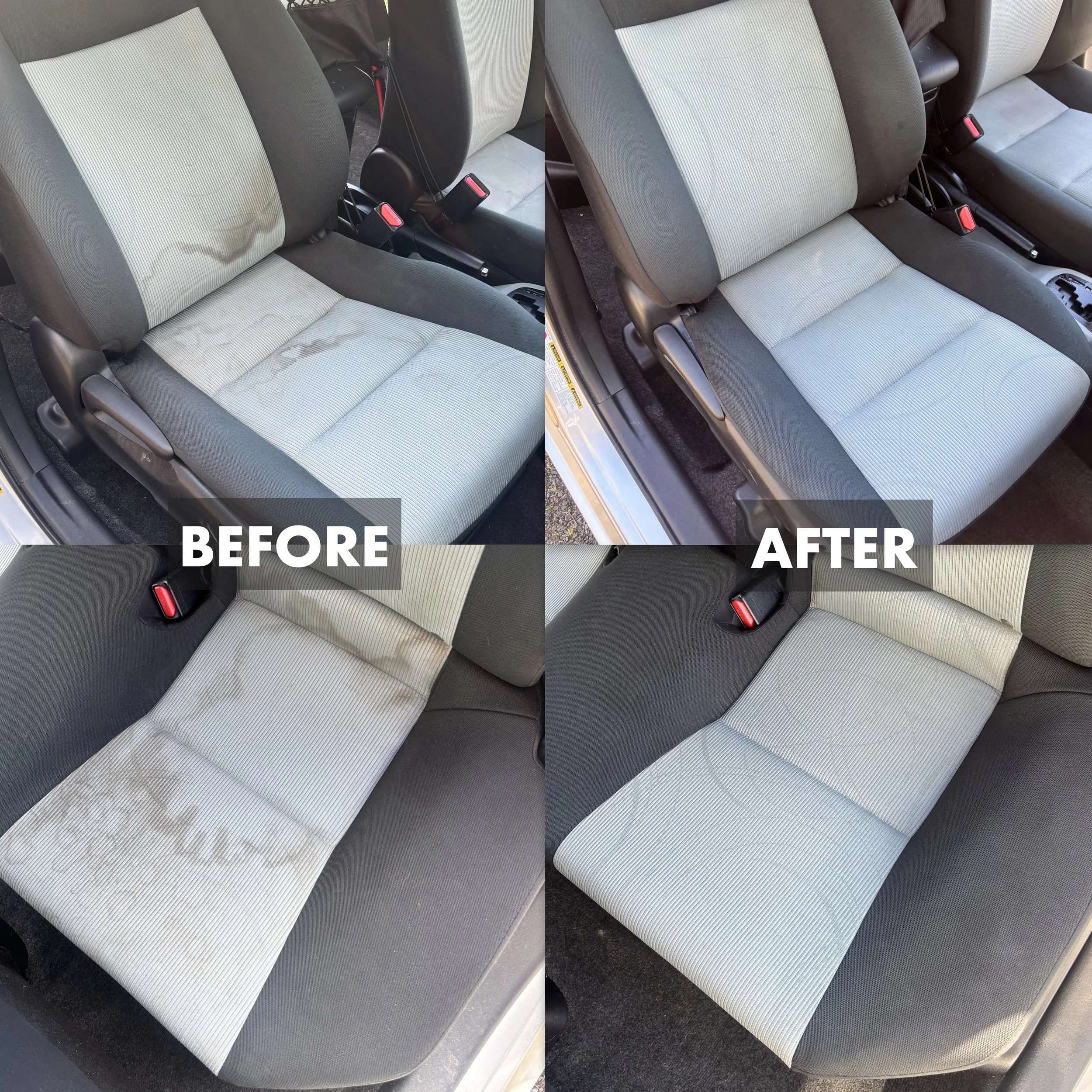 Side-by-side comparison of car seats showing before and after cleaning. The left side depicts a seat with noticeable stains and dirt, and the right side shows a clean, stain-free seat.