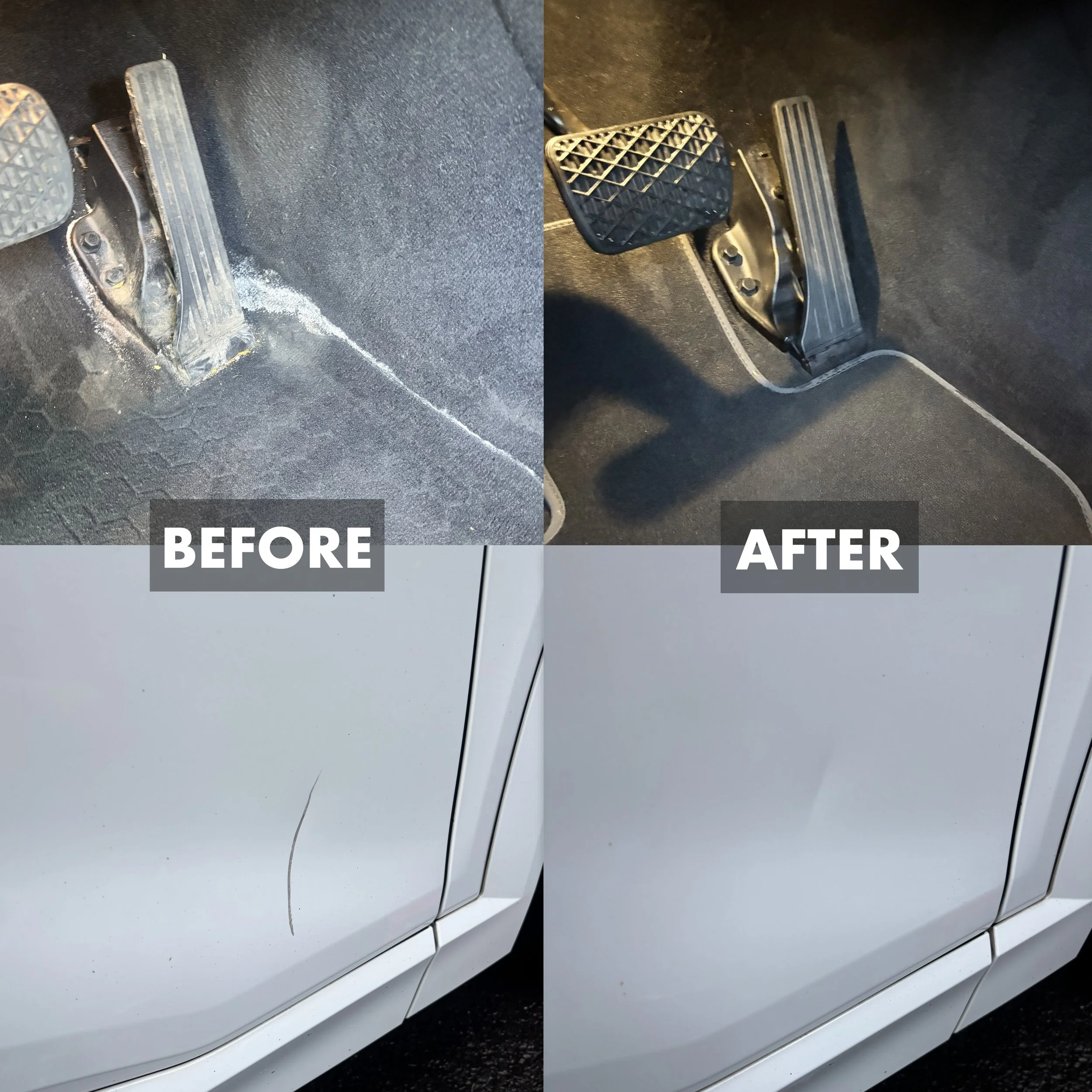Comparison photo of car foot pedals before and after cleaning. The left side shows dirty, dusty pedals with accumulated grime, while the right side shows clean, shiny pedals.