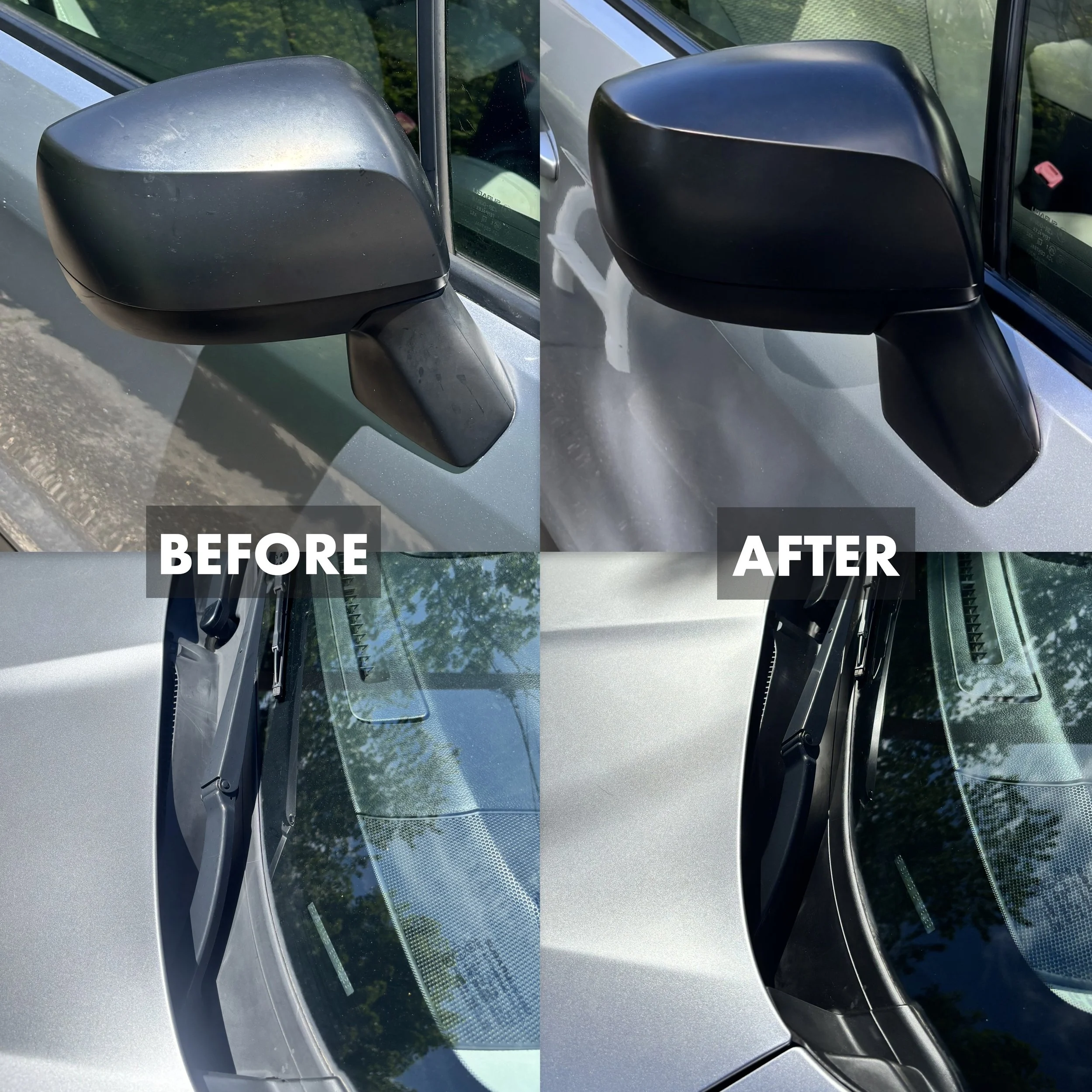 Side mirror of a car before and after cleaning, with dust and dirt on the left side and clean black surface on the right side.