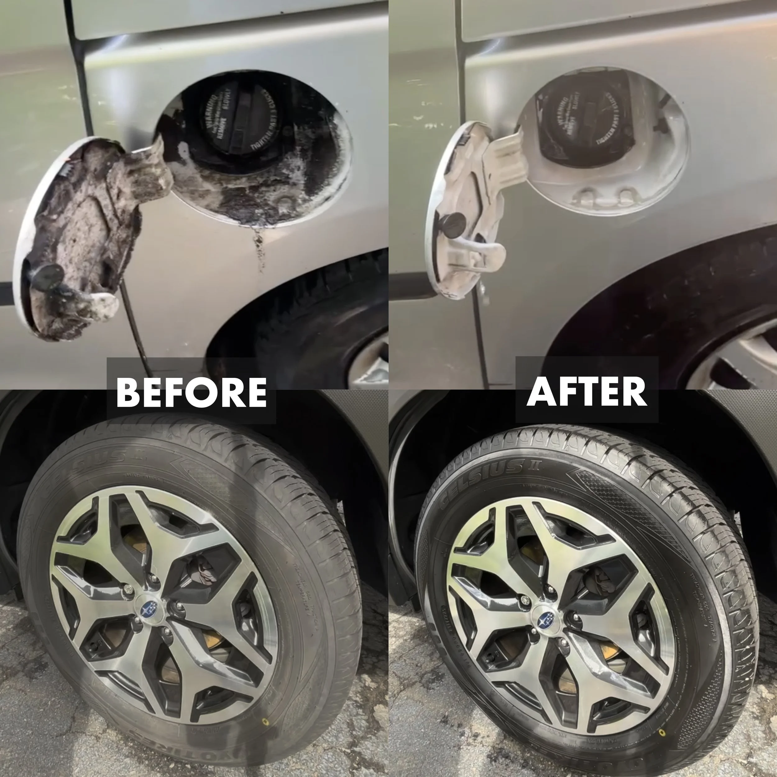 Comparison of car wheels before and after cleaning, showing cleaner and shinier wheels on the right side.