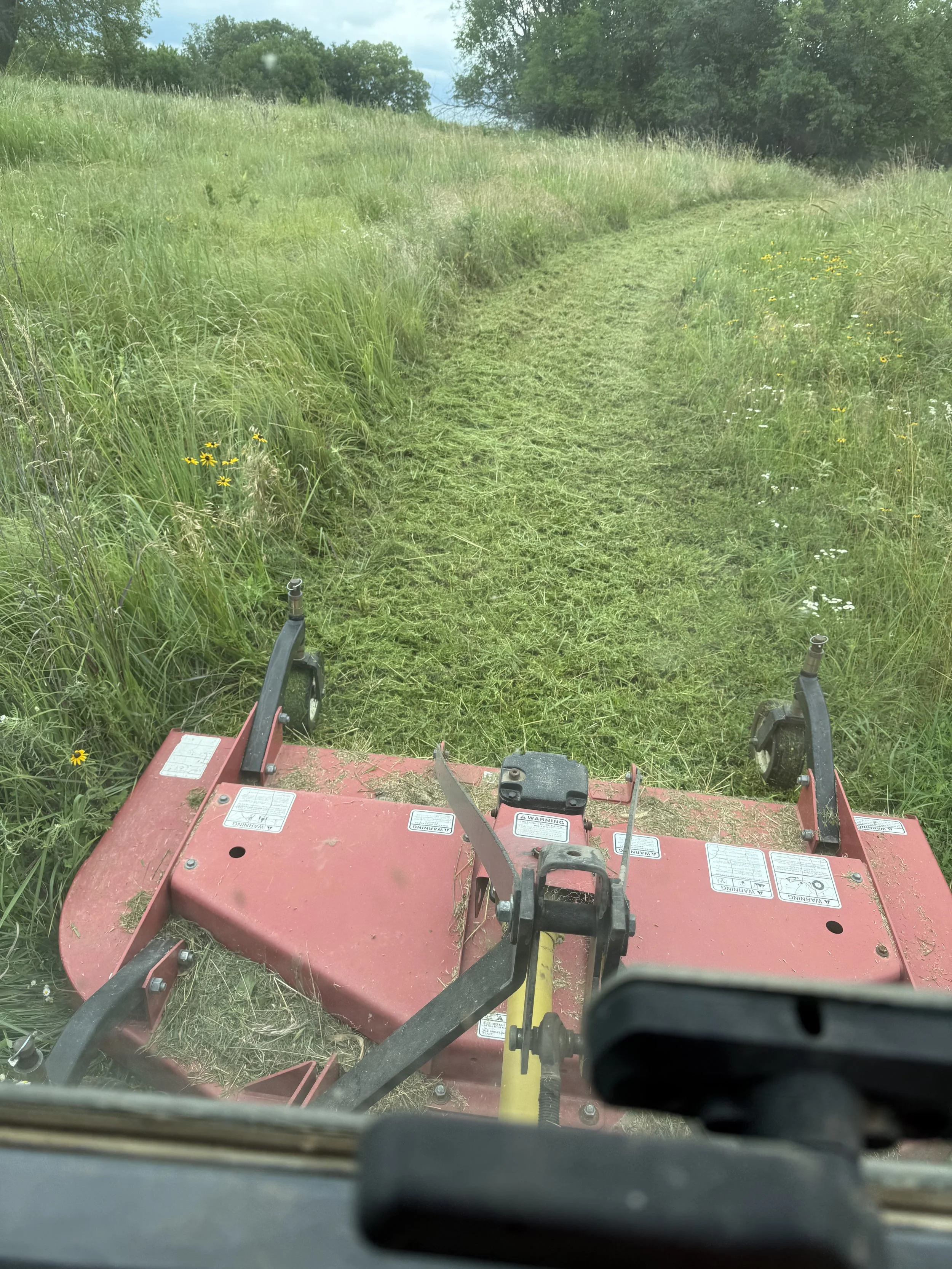 View from inside a tractor cabin looking out onto a grassy field, with a narrow mowed path through tall grass, and trees in the distance.
