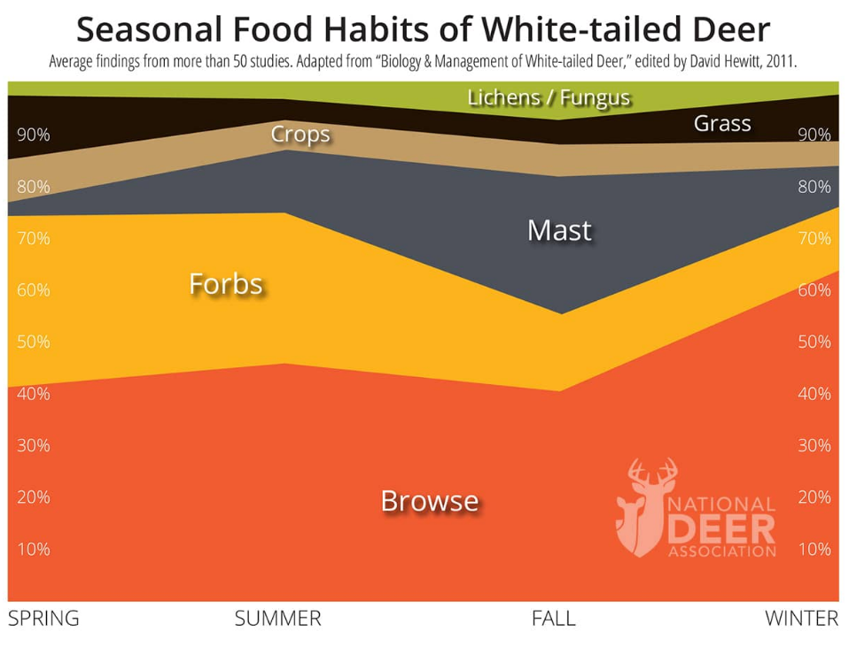 Chart showing the seasonal food habits of white-tailed deer, with food categories like browse, forbs, mast, crops, grasses, lichens/fungi, and their varying importance across seasons.