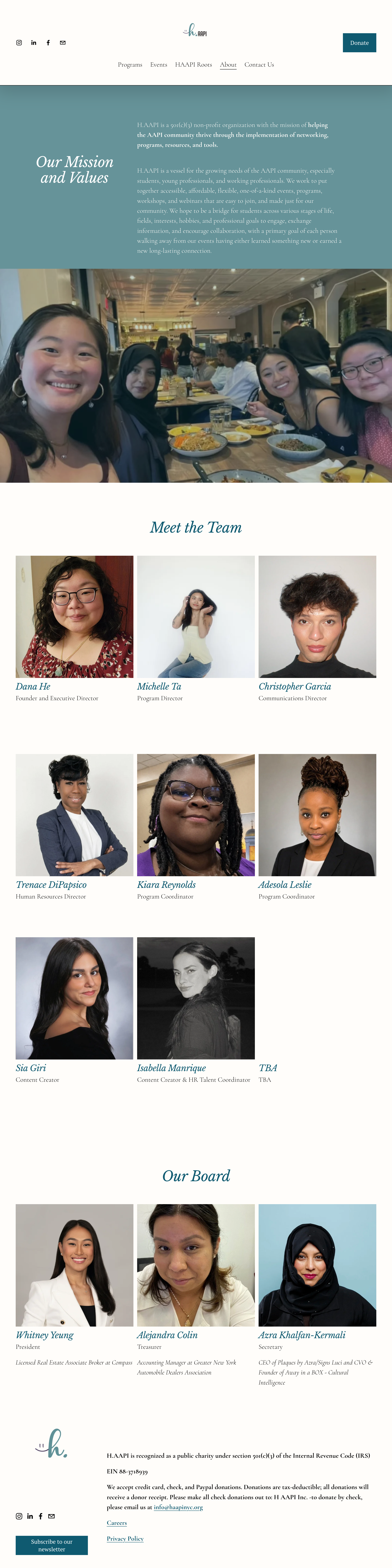 Screenshot of a webpage for a nonprofit organization with a mission to help the API community. The page features a large photo of a diverse group of people dining together, section titles like "Our Mission and Values," "Meet the Team," and "Our Board