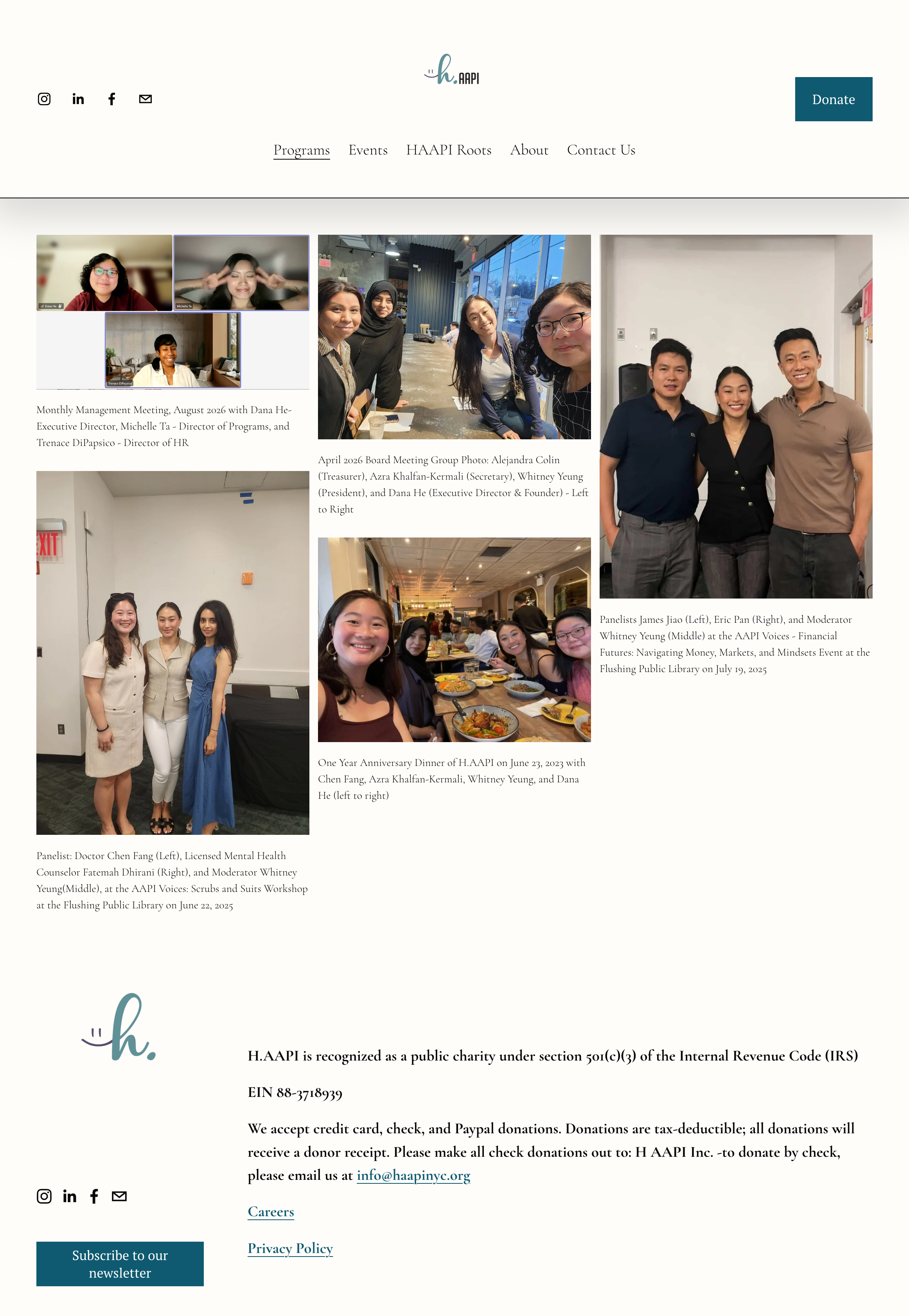 Screenshot of a website for H.AAPI, showing photos of various Asian American Pacific Islander community events, including meetings, dinners, and workshops, with descriptions of each event and the organization's contact information.