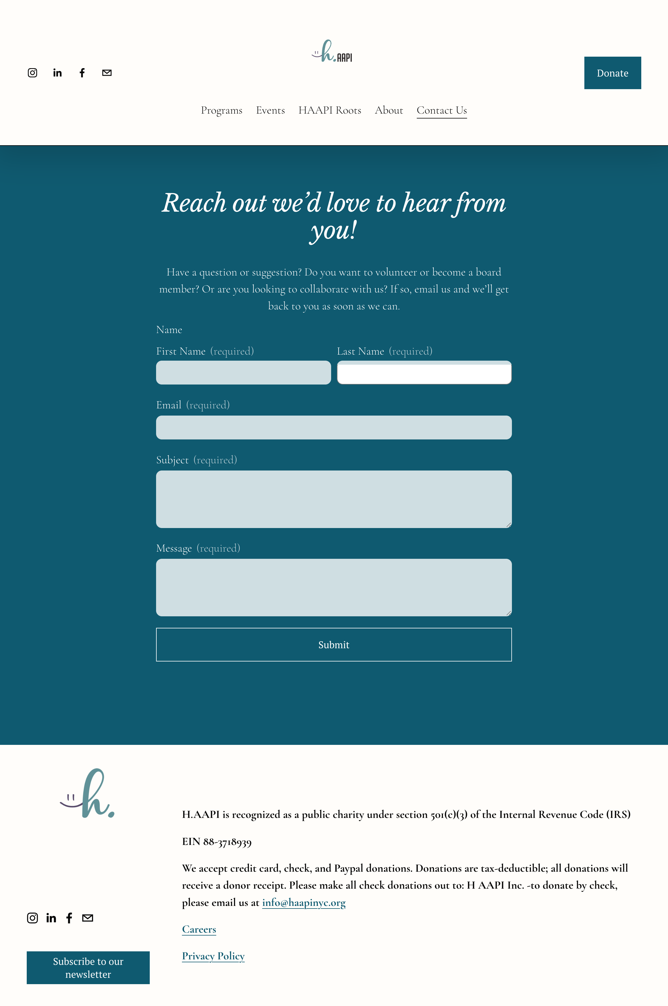 Screenshot of the homepage of the HAAPI (Hispanic American Association of Public Interest) website. Features a header with navigation links, social media icons, a prominent call to action to reach out, a contact form, and footer information about the