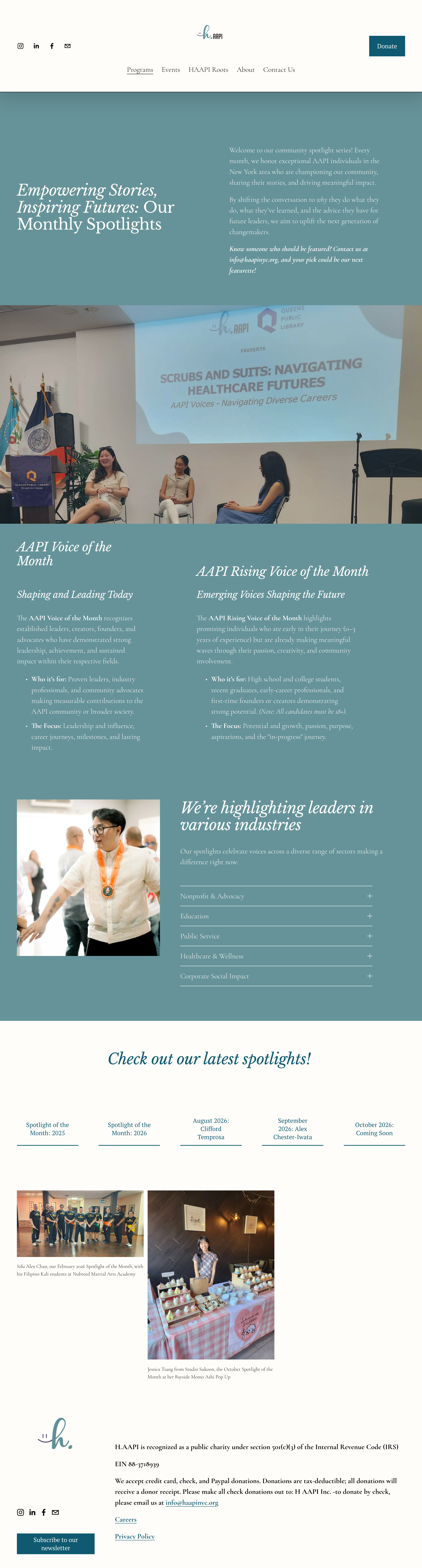 Screenshot of a website for HAAPI, featuring a community event on navigating healthcare careers, with photos of people speaking and displaying products, and sections highlighting leaders and upcoming spotlights.