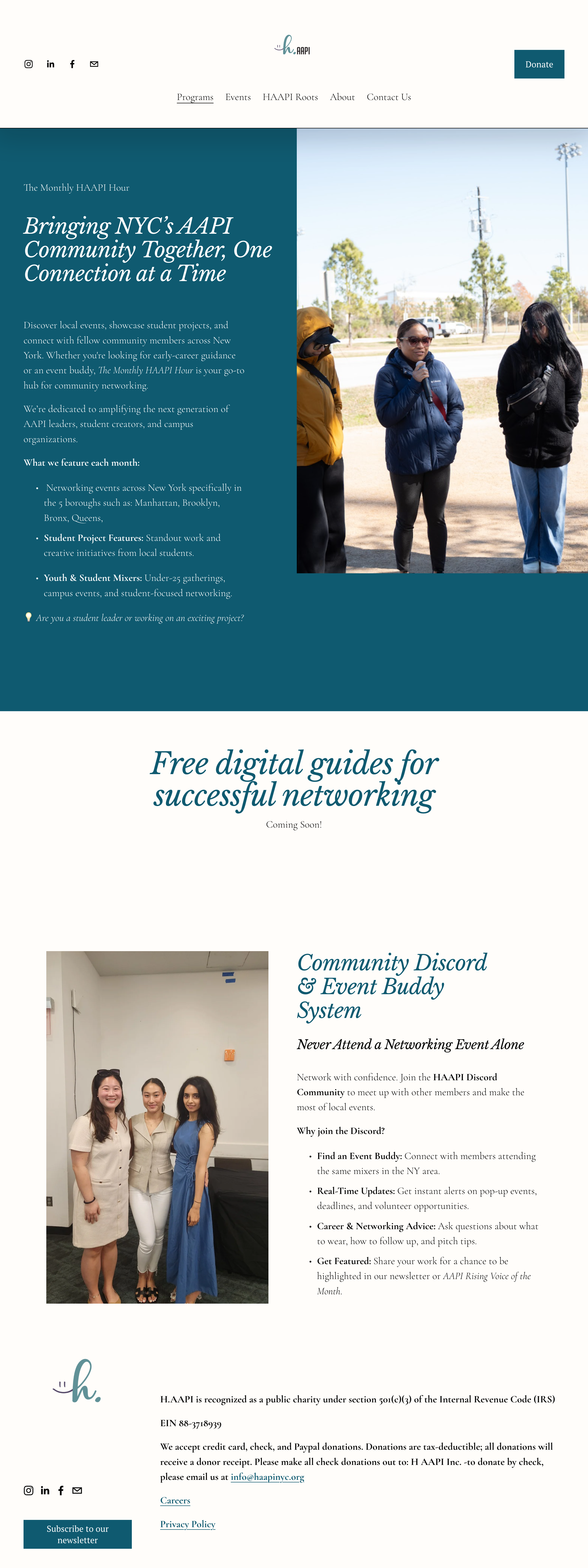 A webinar or presentation webpage with a photo of three women speaking outdoors, part of a website promoting community networking, events, and digital guides for the NYC AAPI community, featuring a form to subscribe to a newsletter.