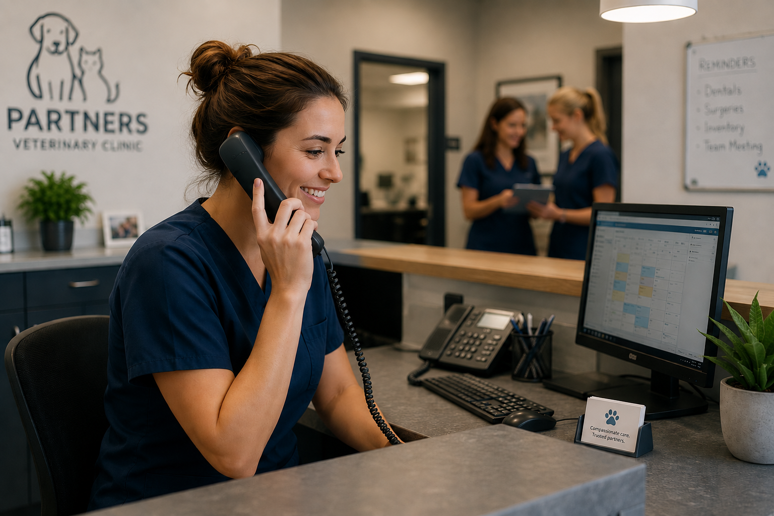 Veterinarian answering phone at reception desk.
