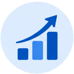 Flat icon of a bar graph increasing over time with an arrow on top following the increase.