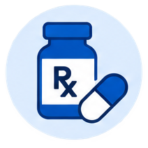 Flat icon of a pill bottle and a pill.