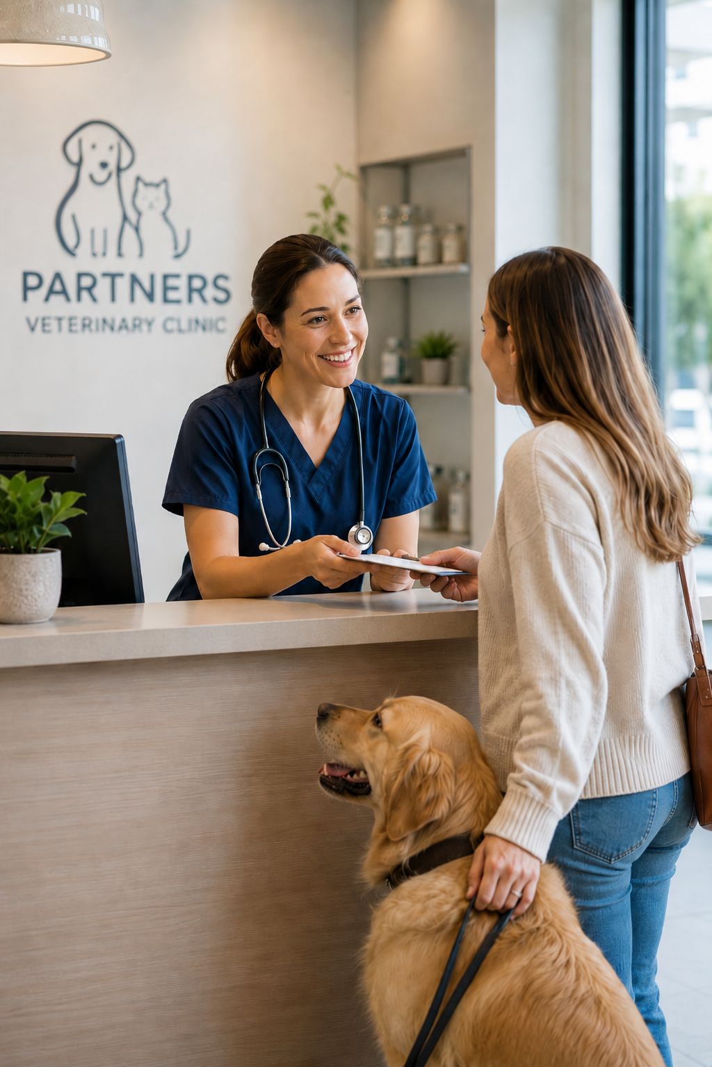 Veterinarian checking out client at the reception desk.