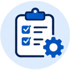 Flat icon of a clipboard and a gear in the bottom corner.