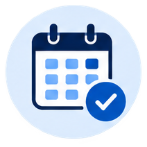 Flat icon of a calendar and a check mark.